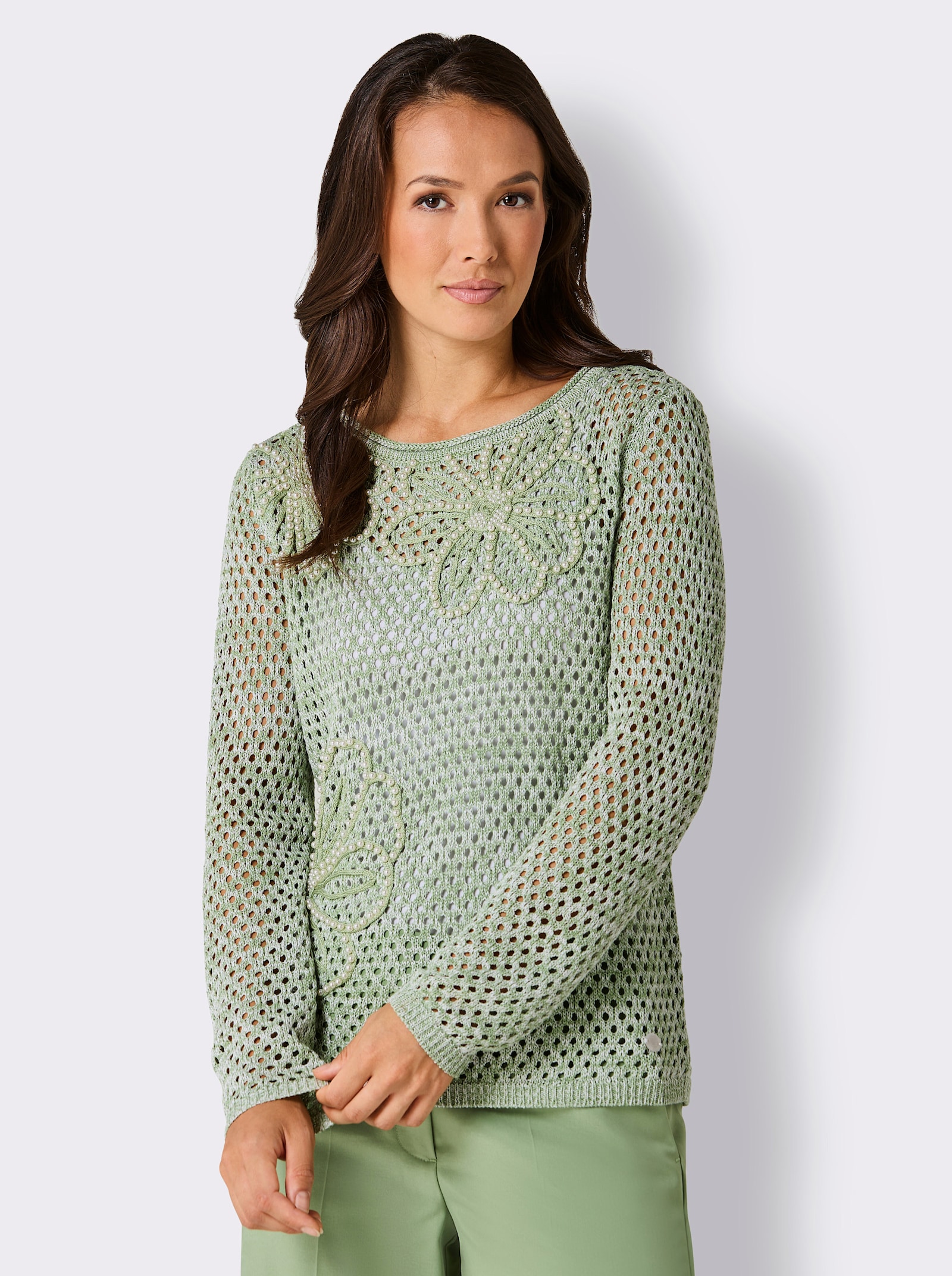 CREATION L PREMIUM Ajourpullover mit Leinen-Anteil - eucalyptus-ecru-meliert