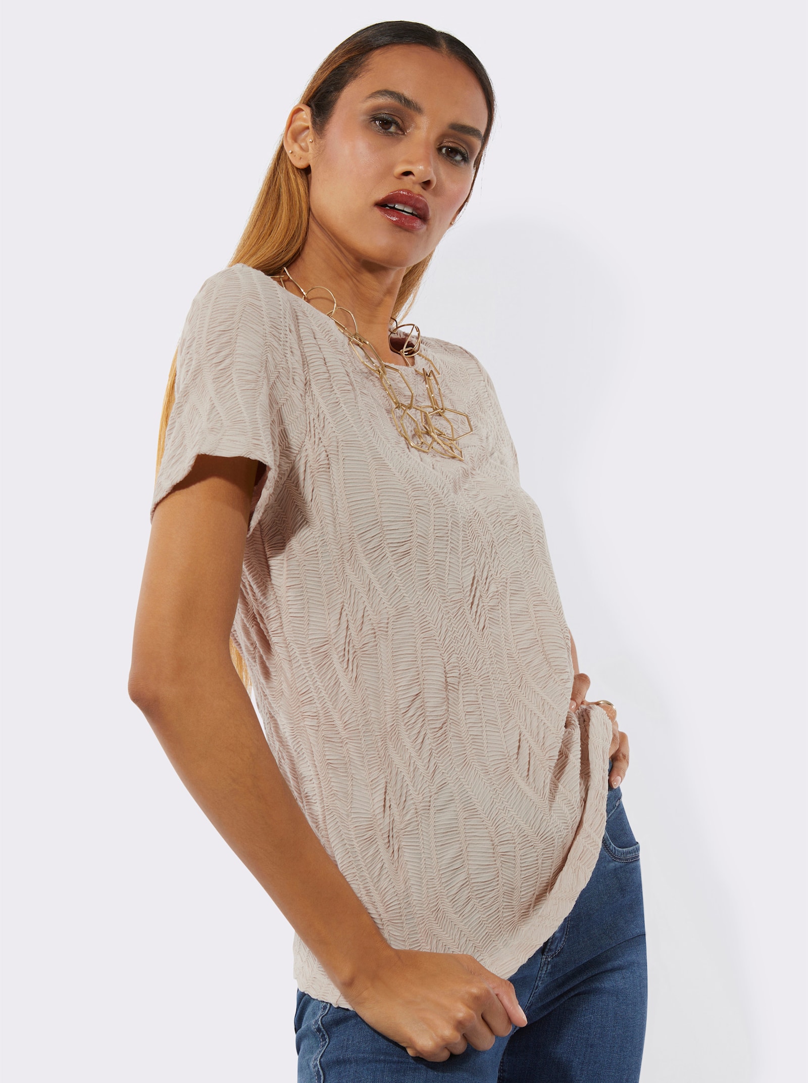 Rundhalsshirt mit Jacquard-Struktur - sand