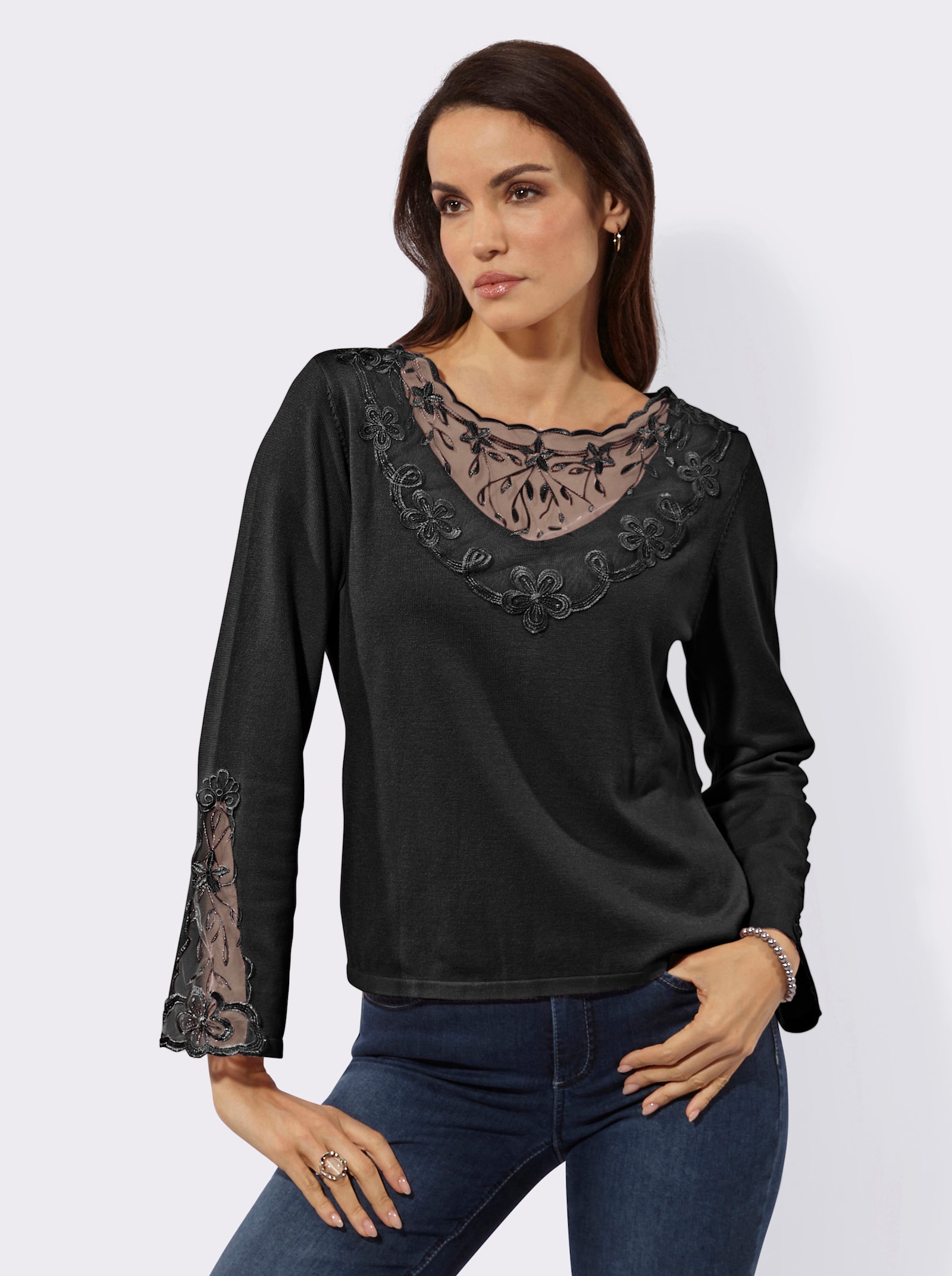 Feinstrickpullover mit Spitzen-Details - schwarz