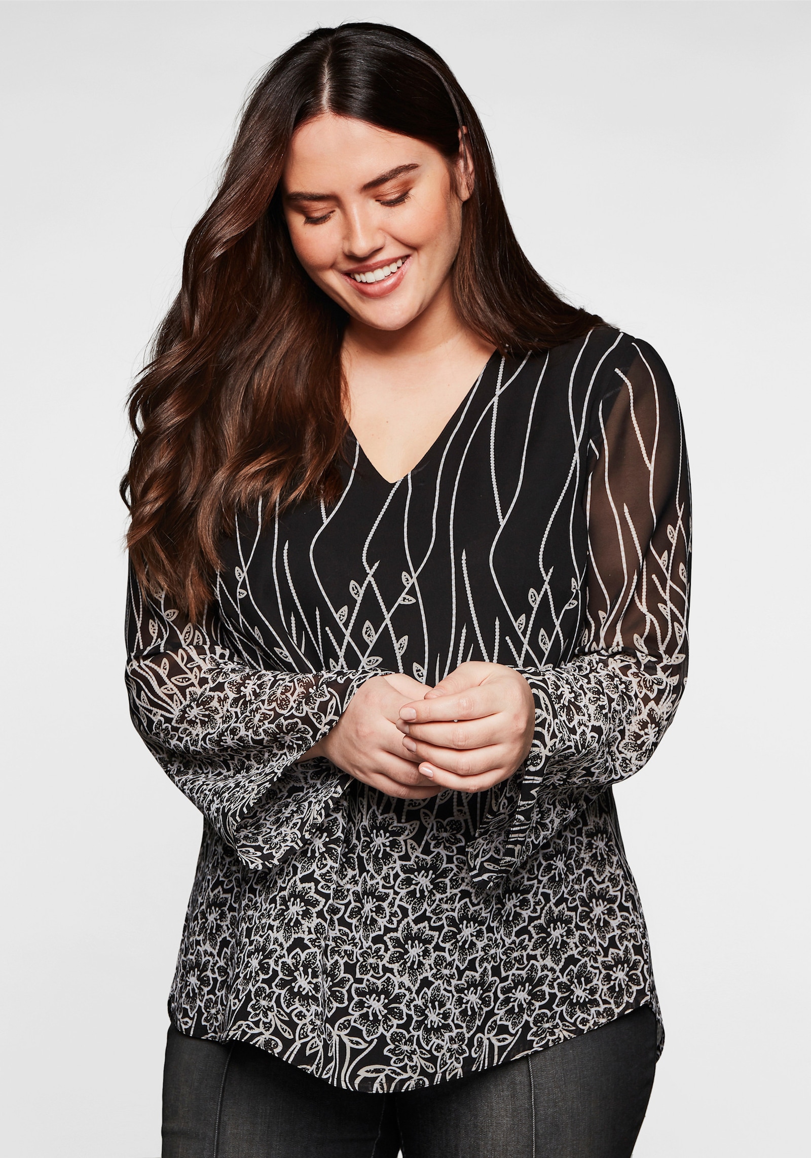 sheego by Joe Browns Tunika aus Chiffon, mit Untershirt - schwarz bedruckt