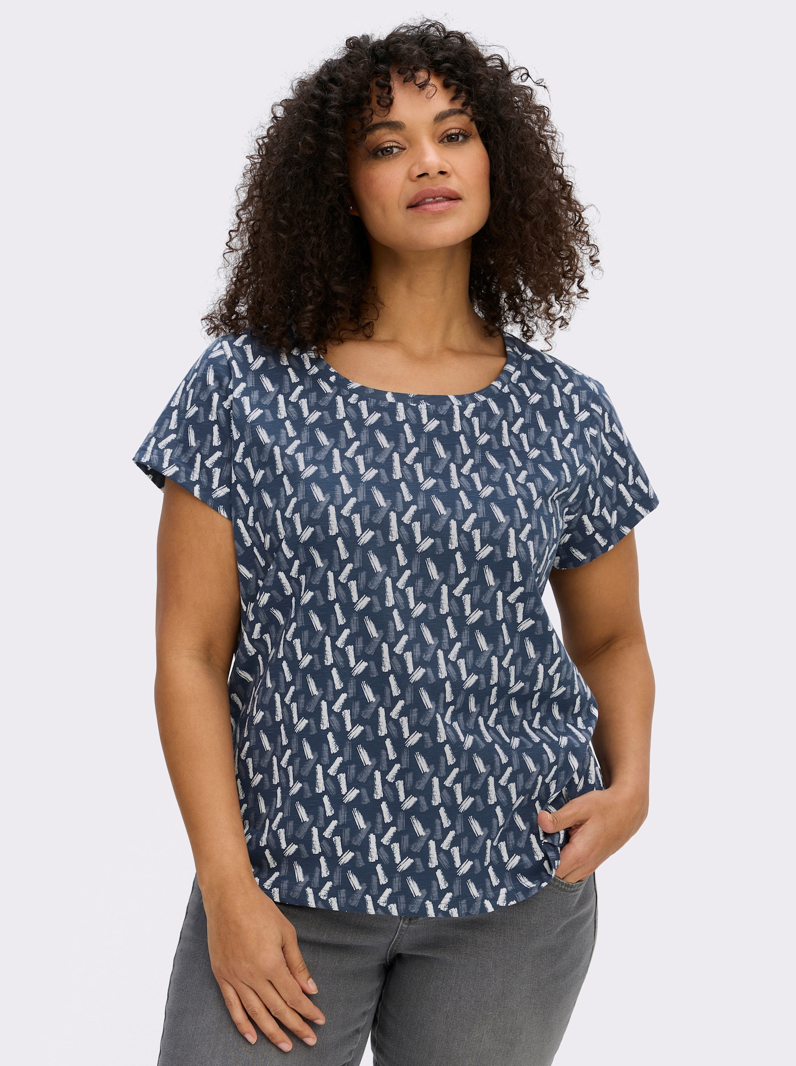 Rundhalsshirt mit Flammgarn-Struktur - dunkelblau-ecru-bedruckt