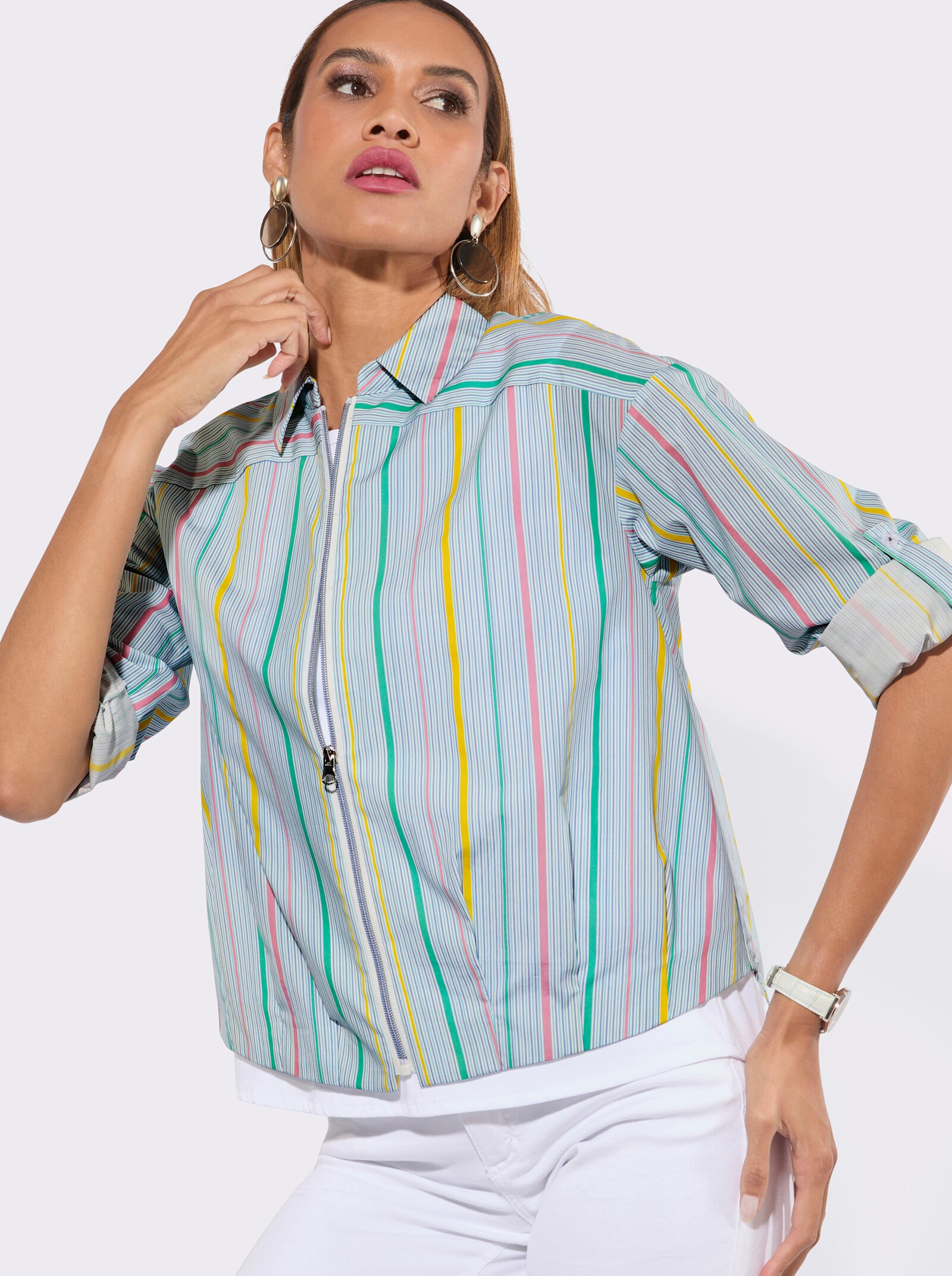 Hemdbluse mit Faltenpartie hinten - weiß-taubenblau-gestreift