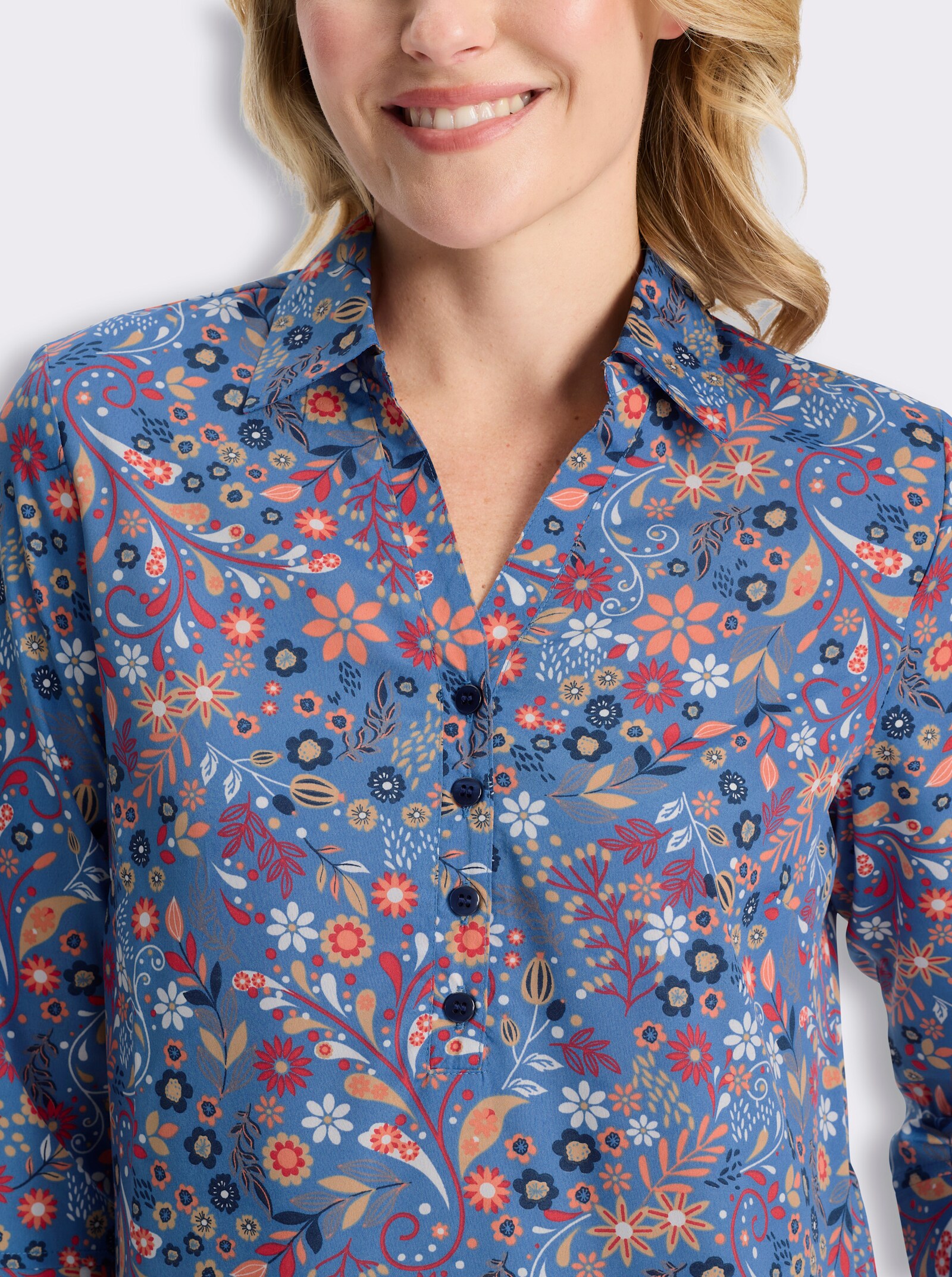 Druckbluse mit Blumen-Muster - dunkelblau-papaya-bedruckt