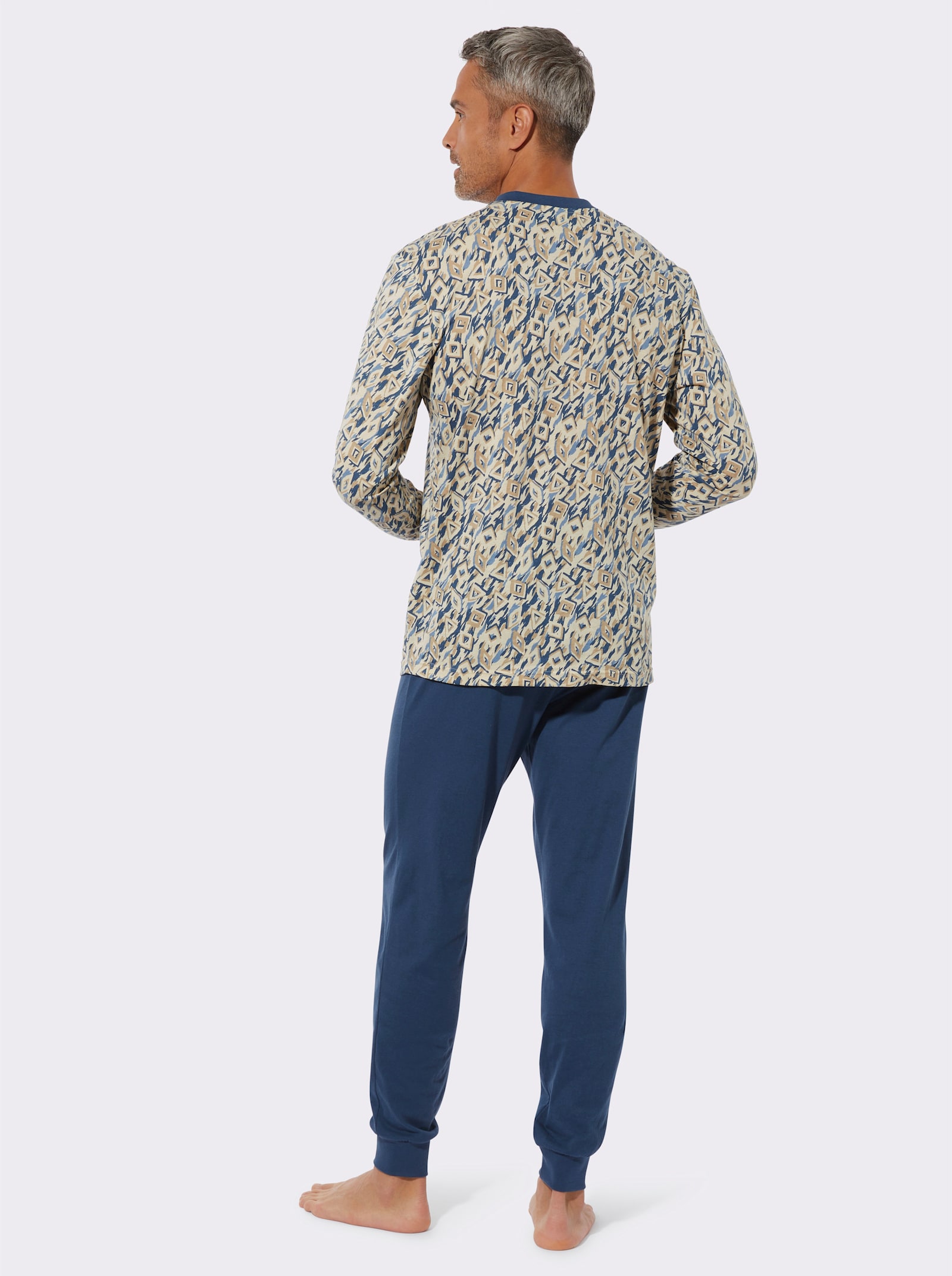 Pyjama met elastische ribboordjes - zand/jeansblauw bedrukt