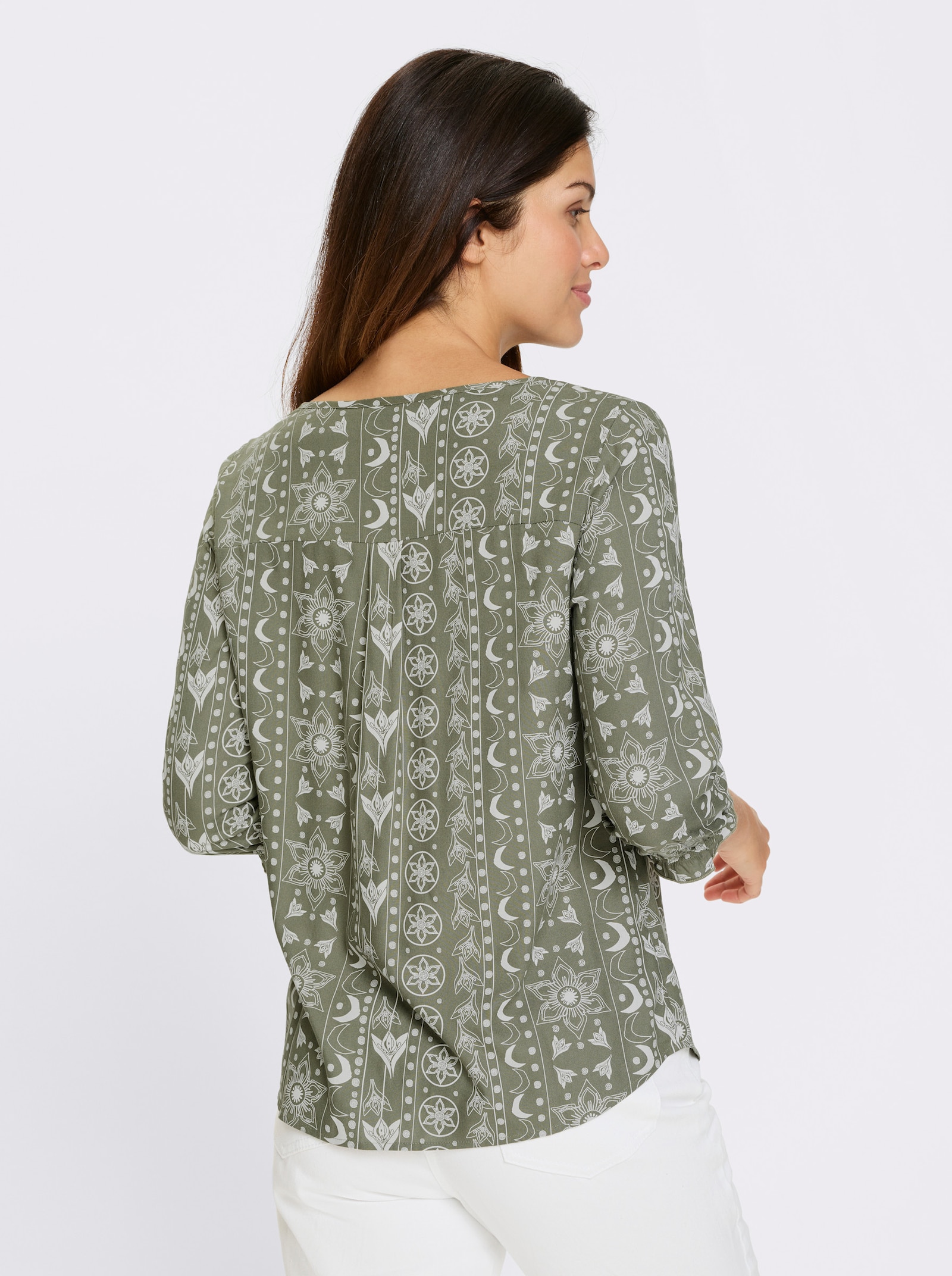 Schlupfbluse im Ethno-Dessin - khaki-ecru-bedruckt