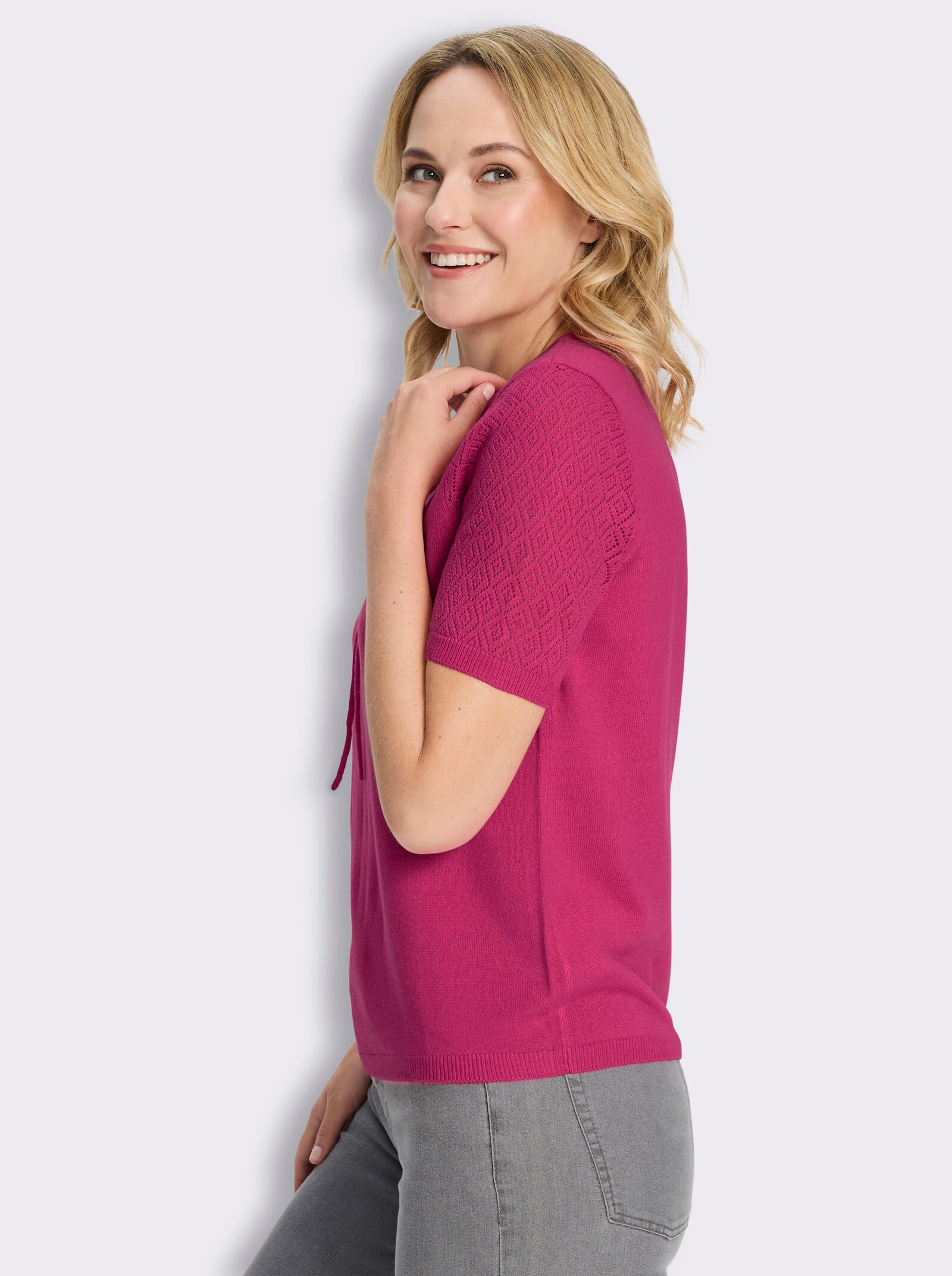 Kurzarmpullover mit Ajourmuster - fuchsia