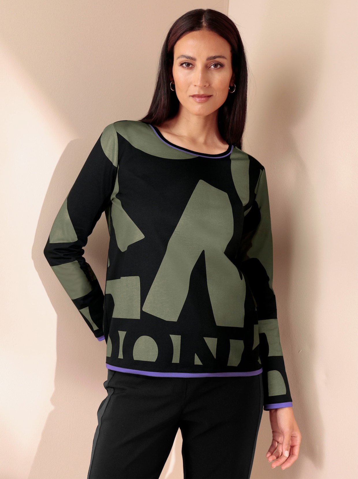 heine Longsleeve - kaki/zwart bedrukt