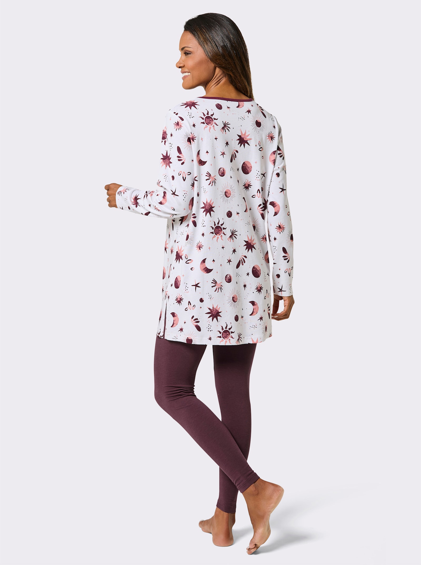 wäschepur Pyjama mit Sonne, Mond und Sternen - ecru-burgund-bedruckt