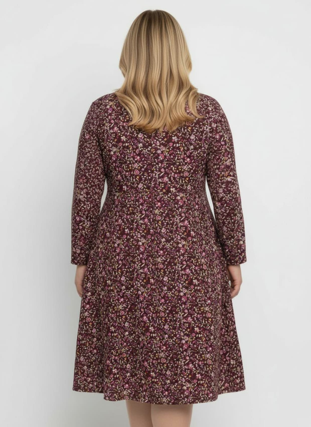 Webkleid mit Smok-Einsatz - burgund-mauve-bedruckt