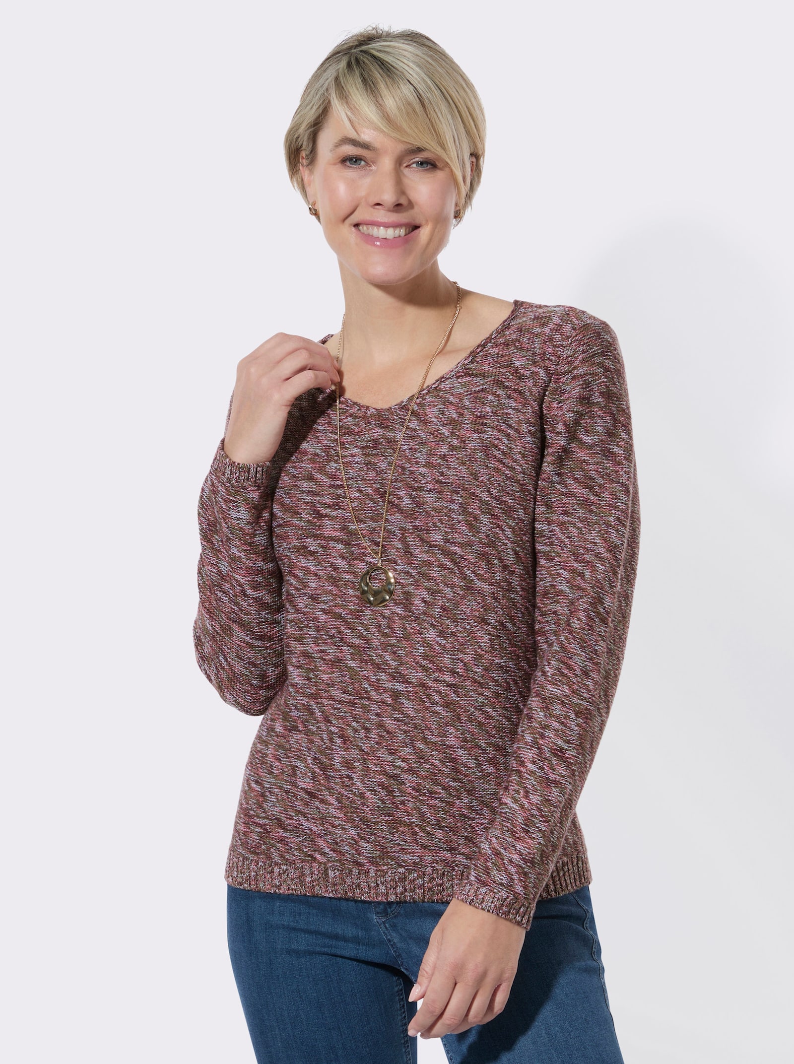 V-Ausschnitt-Pullover in attraktiver Melange-Optik - ecru-flamingo-meliert