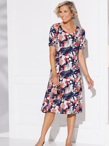 Jerseykleid - marine-koralle-bedruckt