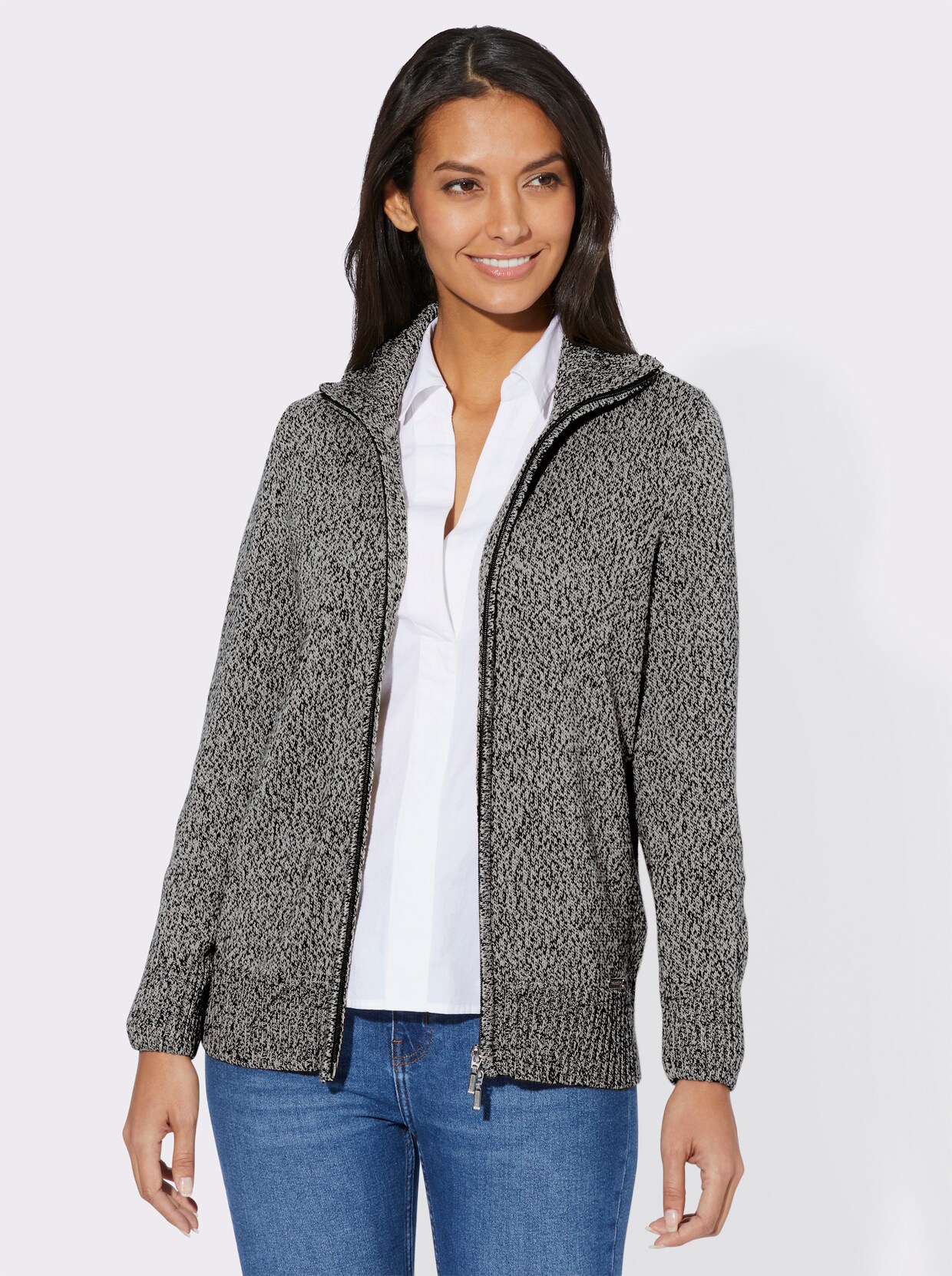 Strickjacke - ecru-schwarz-meliert