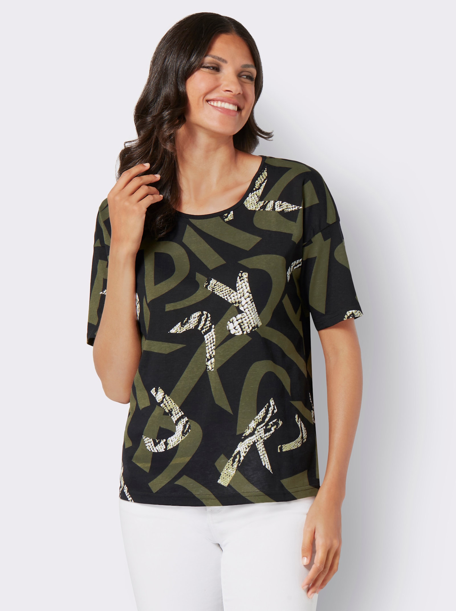 Tričko s krátkým rukávem s kombinací vzorů - černá-olivová-potisk