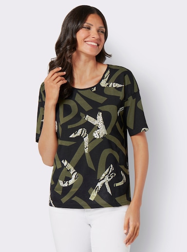 Kurzarmshirt im Muster-Mix - schwarz-oliv-bedruckt