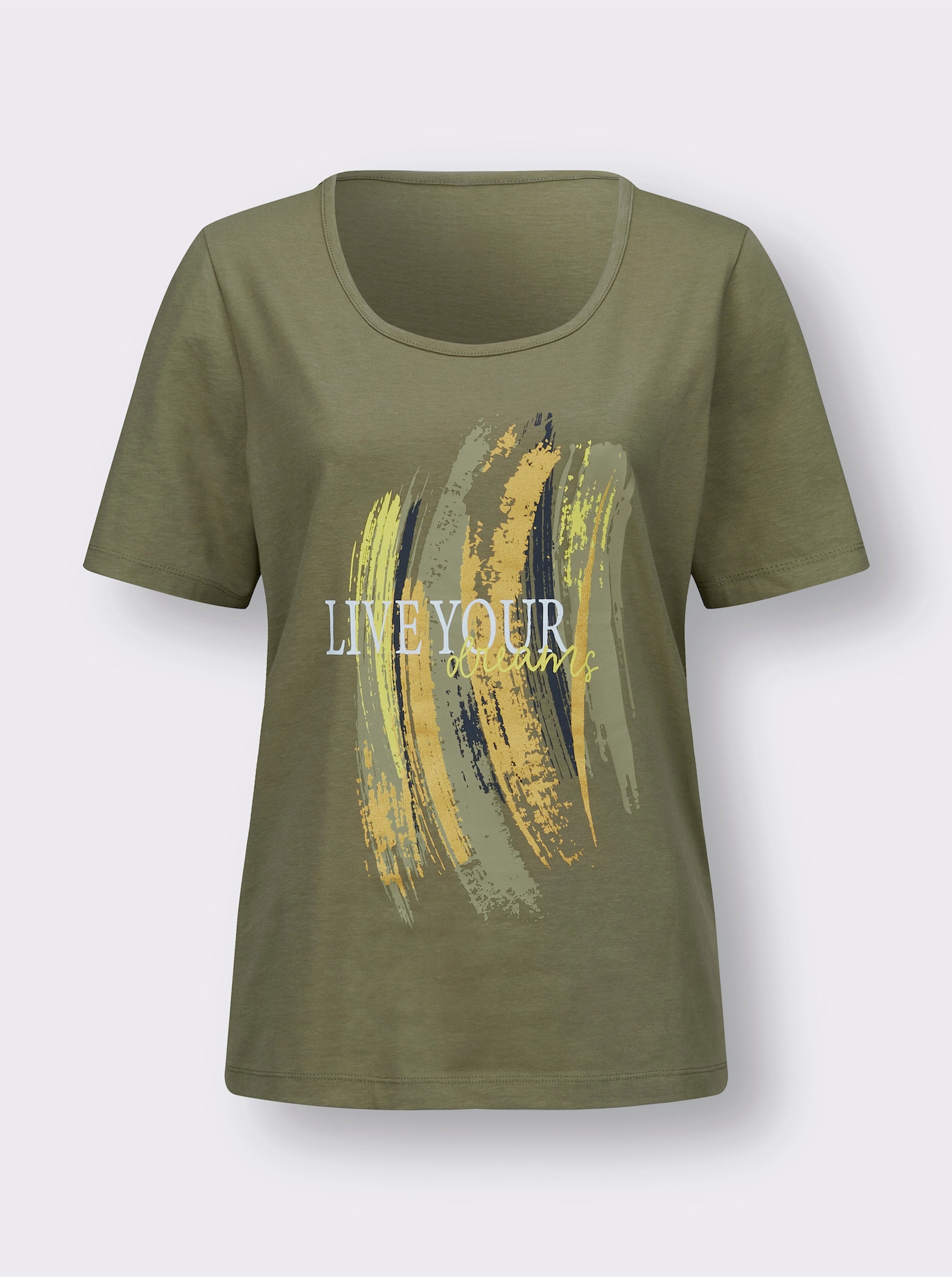 Kurzarmshirt mit Glitzer-Print - khaki-limone