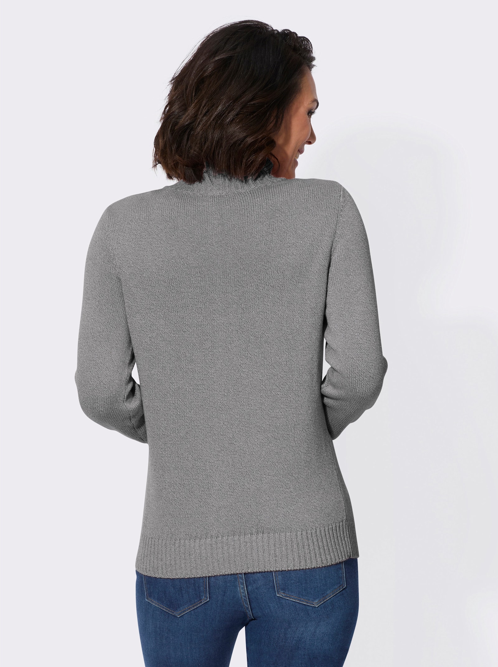 Stehkragenpullover mit Zopfmuster im Vorderteil - anthrazit-ecru-meliert