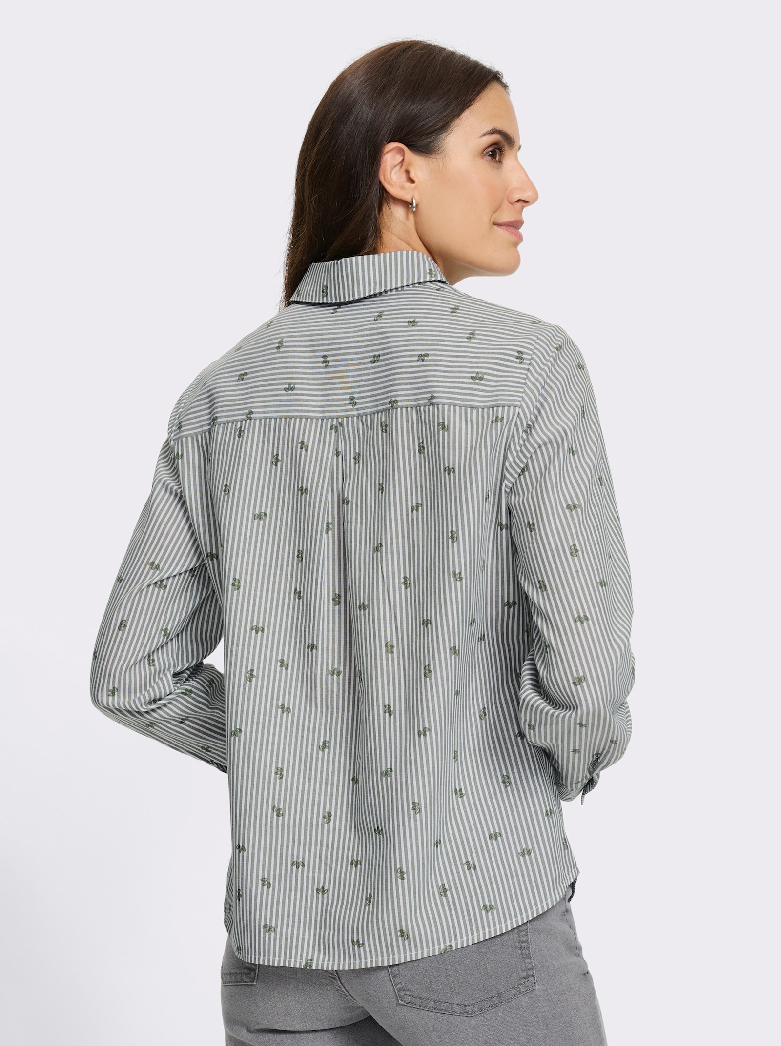 Baumwollbluse mit Krempel-Ärmeln - khaki-gestreift