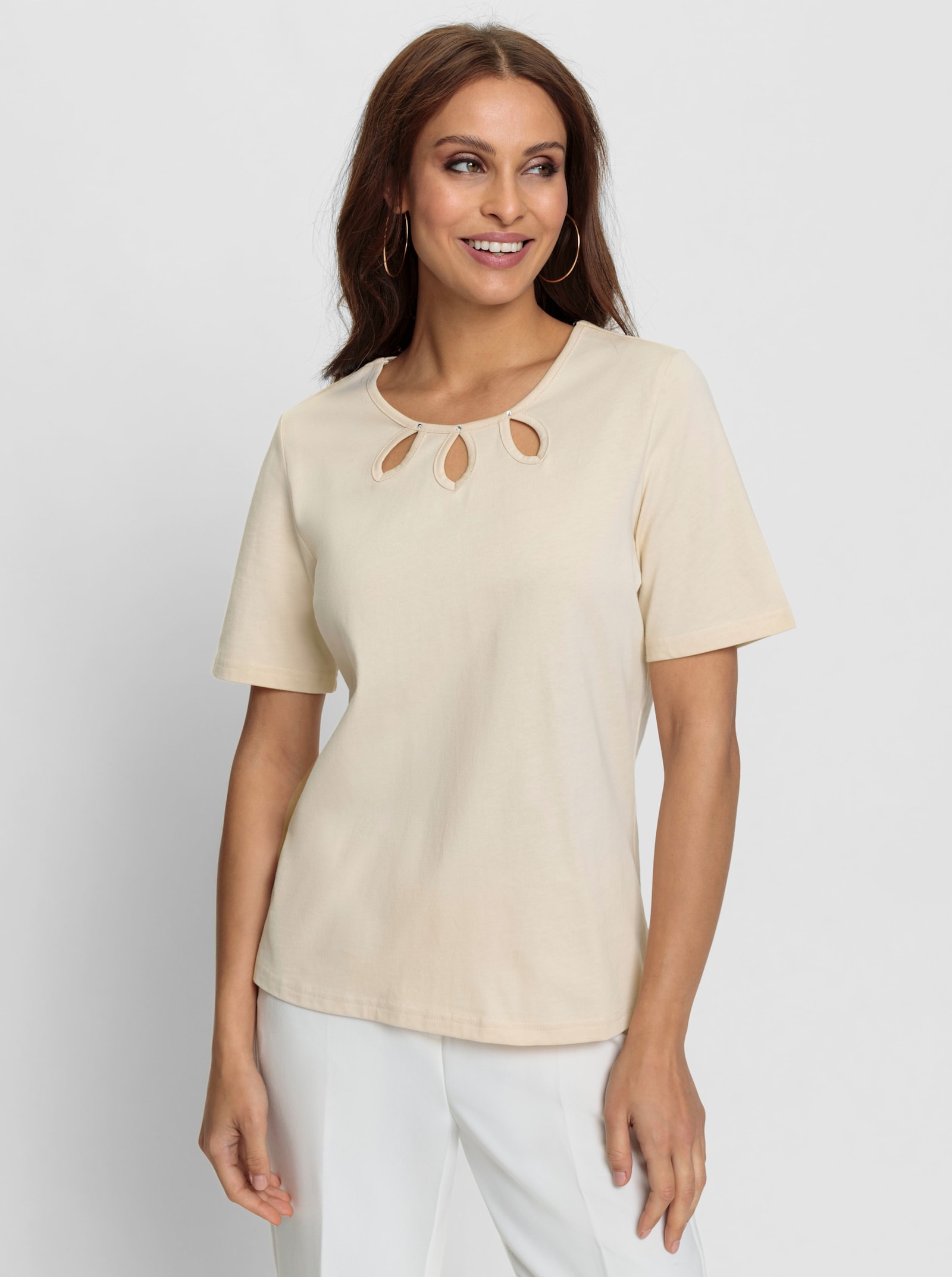 Rundhalsshirt mit Cut-outs - elfenbein