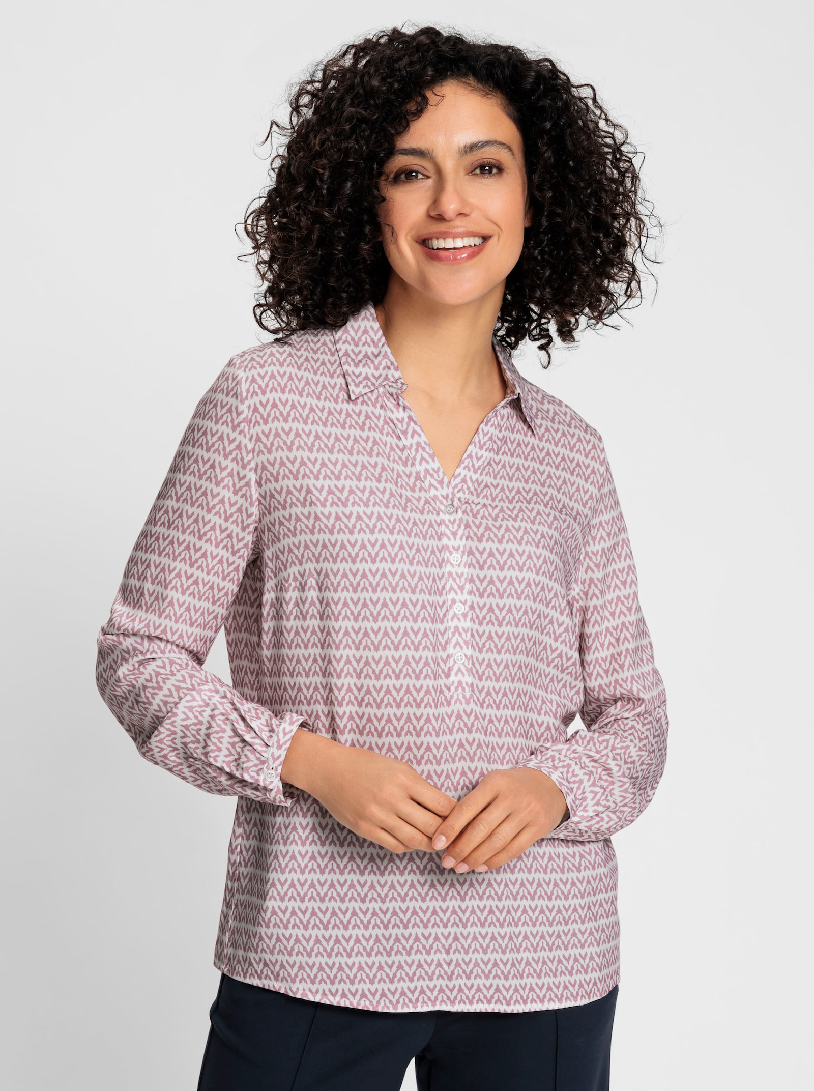 Langarm-Bluse mit offenem Hemdkragen - mauve-ecru-bedruckt