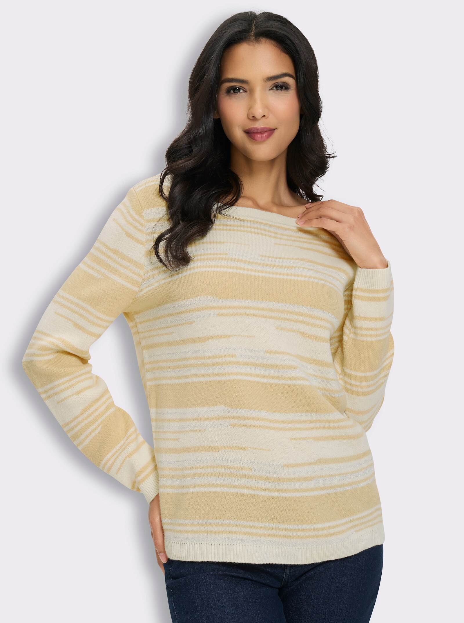 Strickpullover mit Glanzgarn - ecru-sand-gestreift