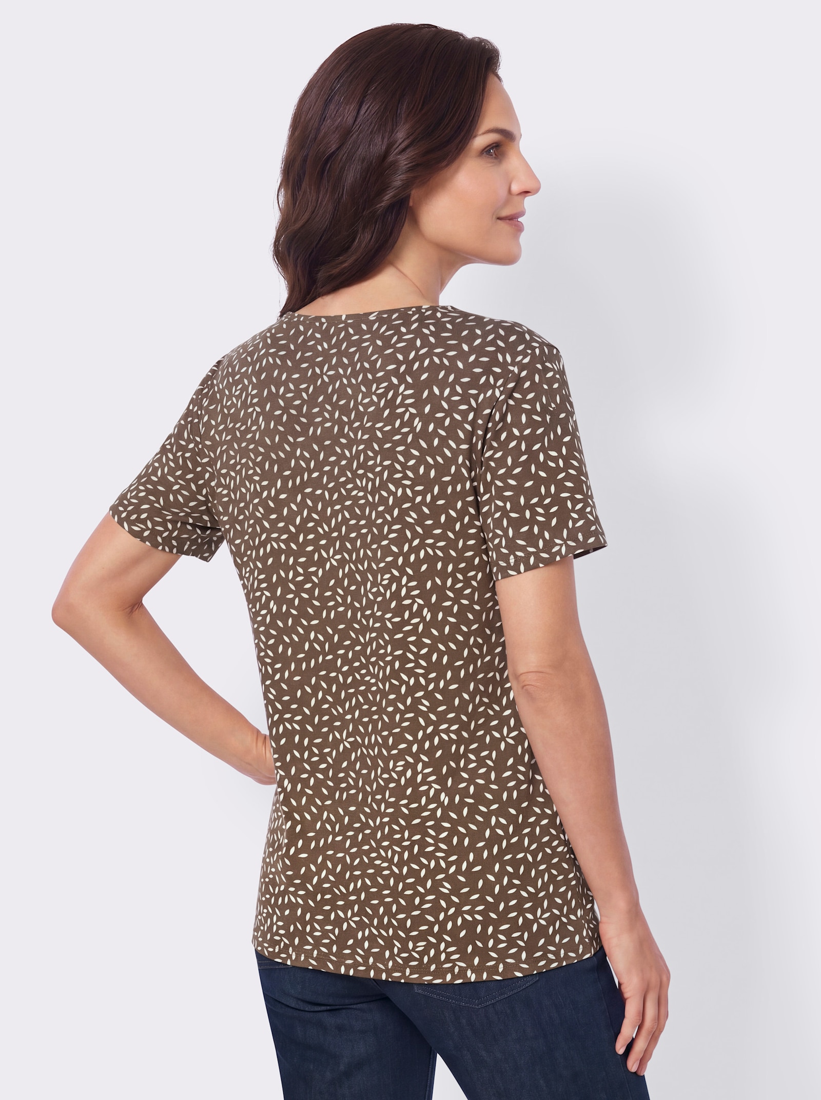 Tunikashirt mit Tropfen-Ausschnitt - braun-champagner-bedruckt