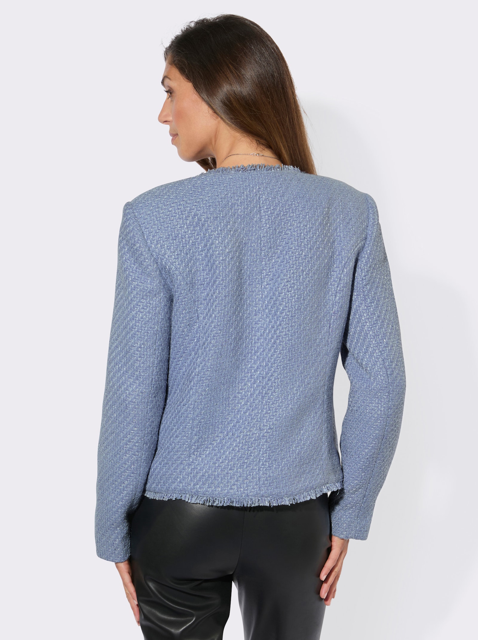 Bouclé-Blazer mit Fransen-Verzierung - taubenblau