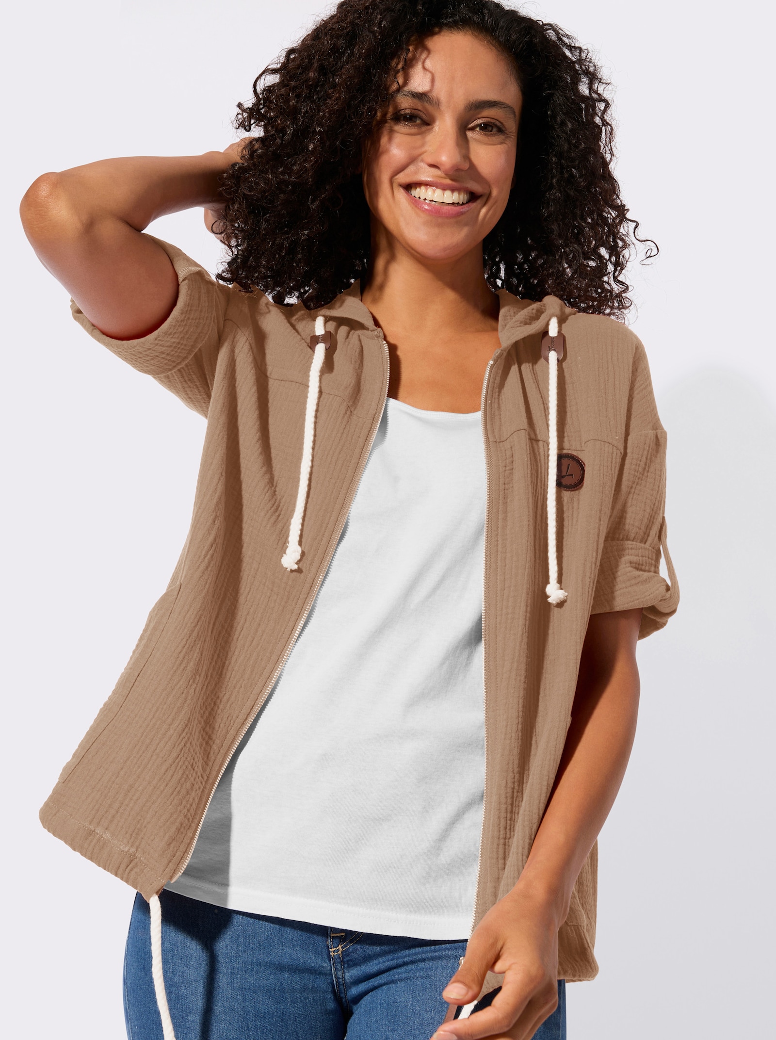 Blusenjacke mit Tunnelzug im Saum - camel