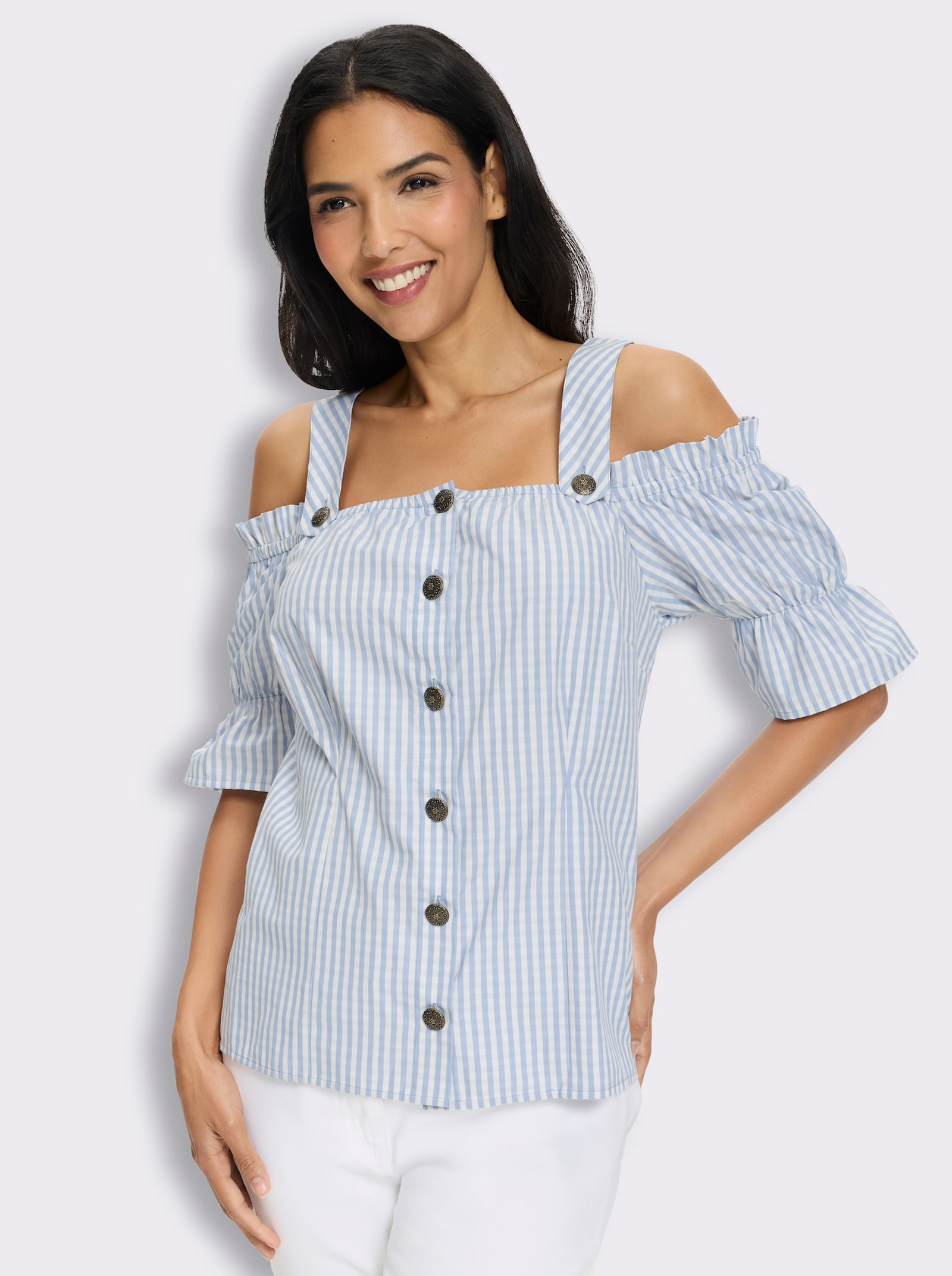 Trachtenbluse mit Raglan-Ärmeln - bleu-weiß-kariert