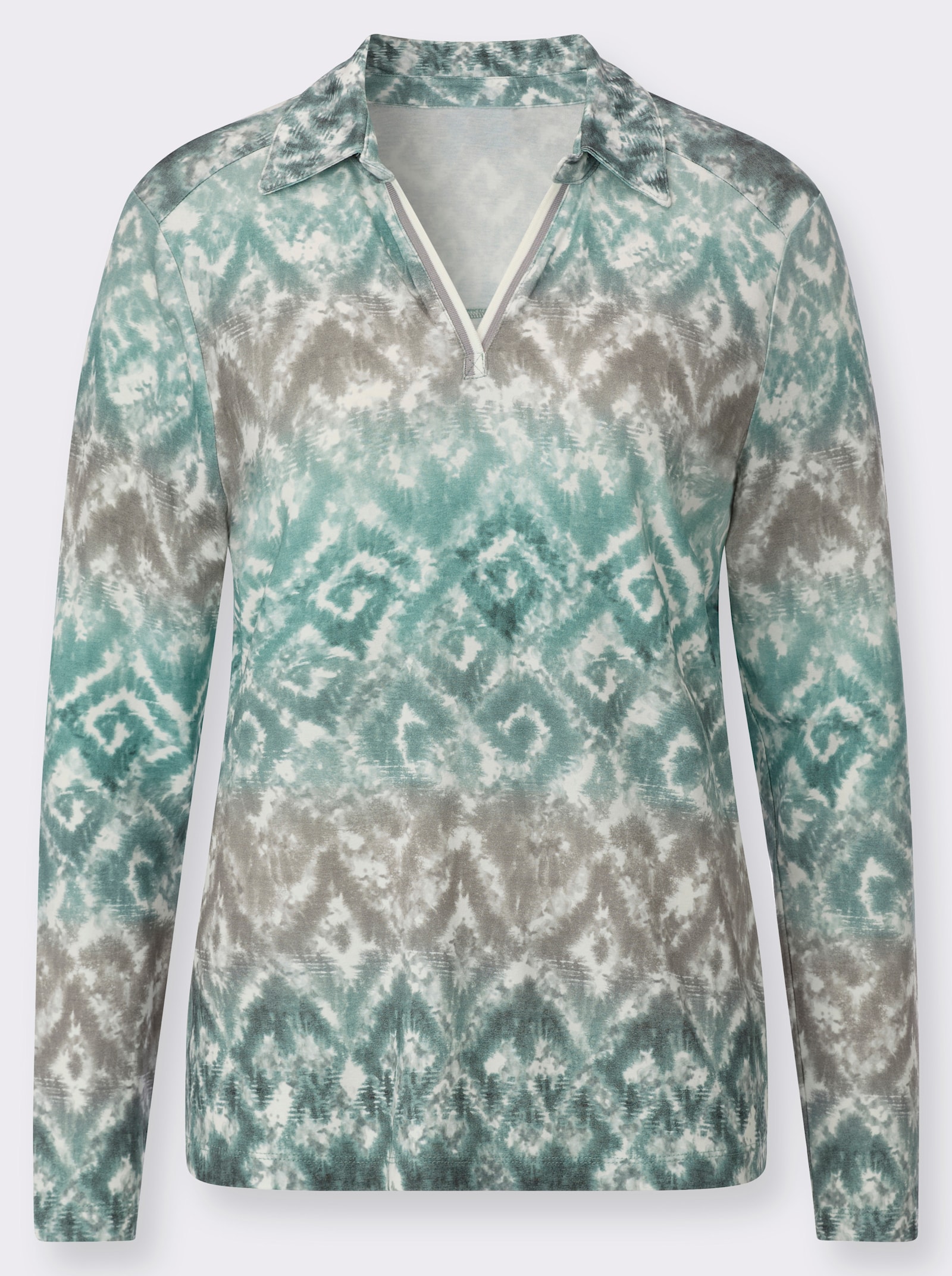 Langarmshirt mit Polokragen - ecru-grau-bedruckt