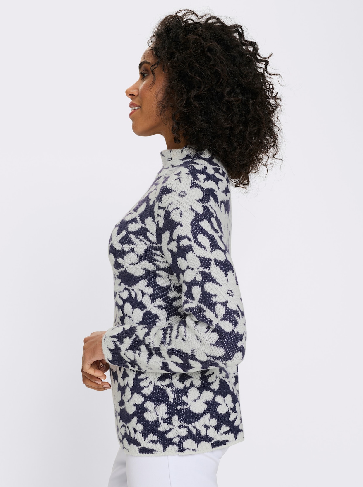 Pullover met opstaande kraag en effectgaren - marine/ecru gedessineerd