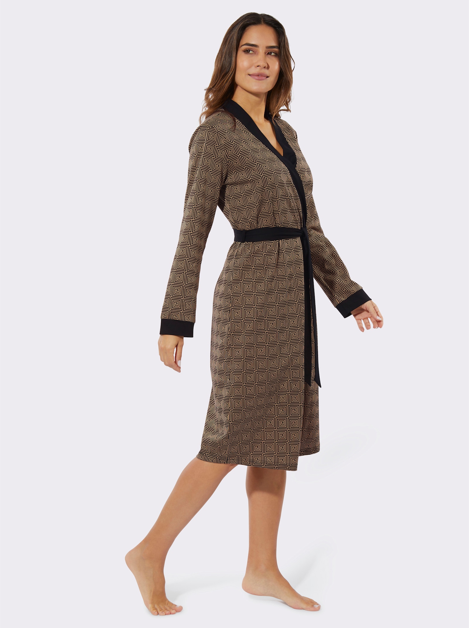 Morgonrock med grafiskt tryck - svart-kamel, med tryck