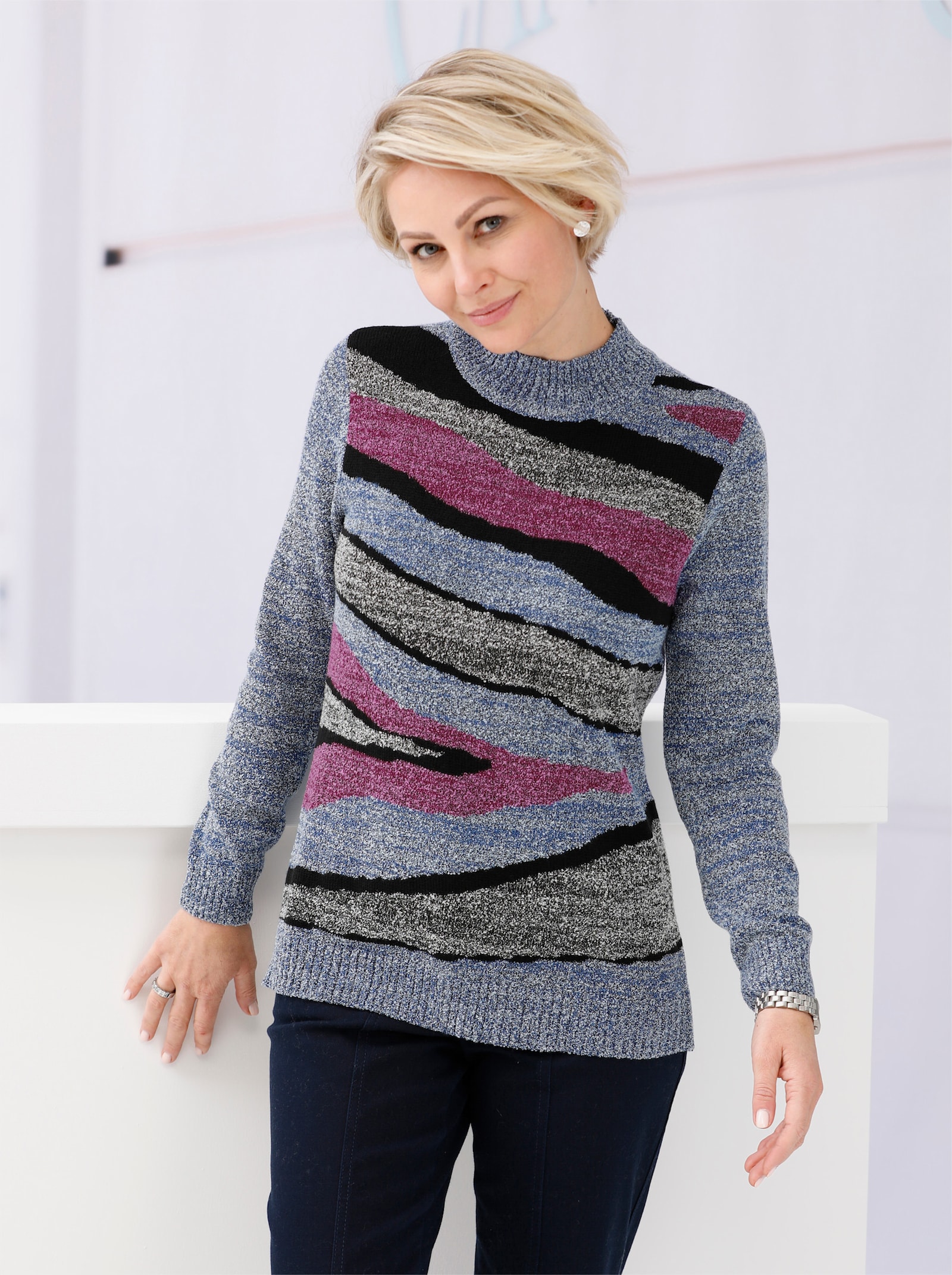 Stehkragenpullover mit Intarsien-Strickmuster - jeansblau-meliert