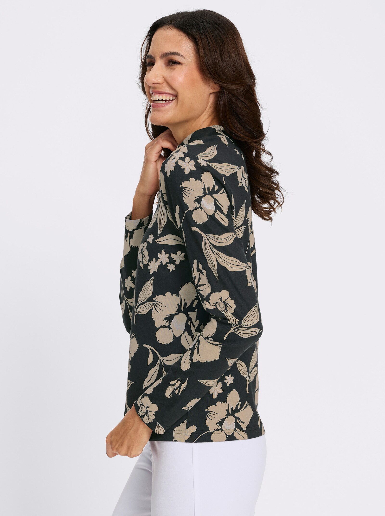 Stehkragenshirt mit Modal - schwarz-sand-bedruckt