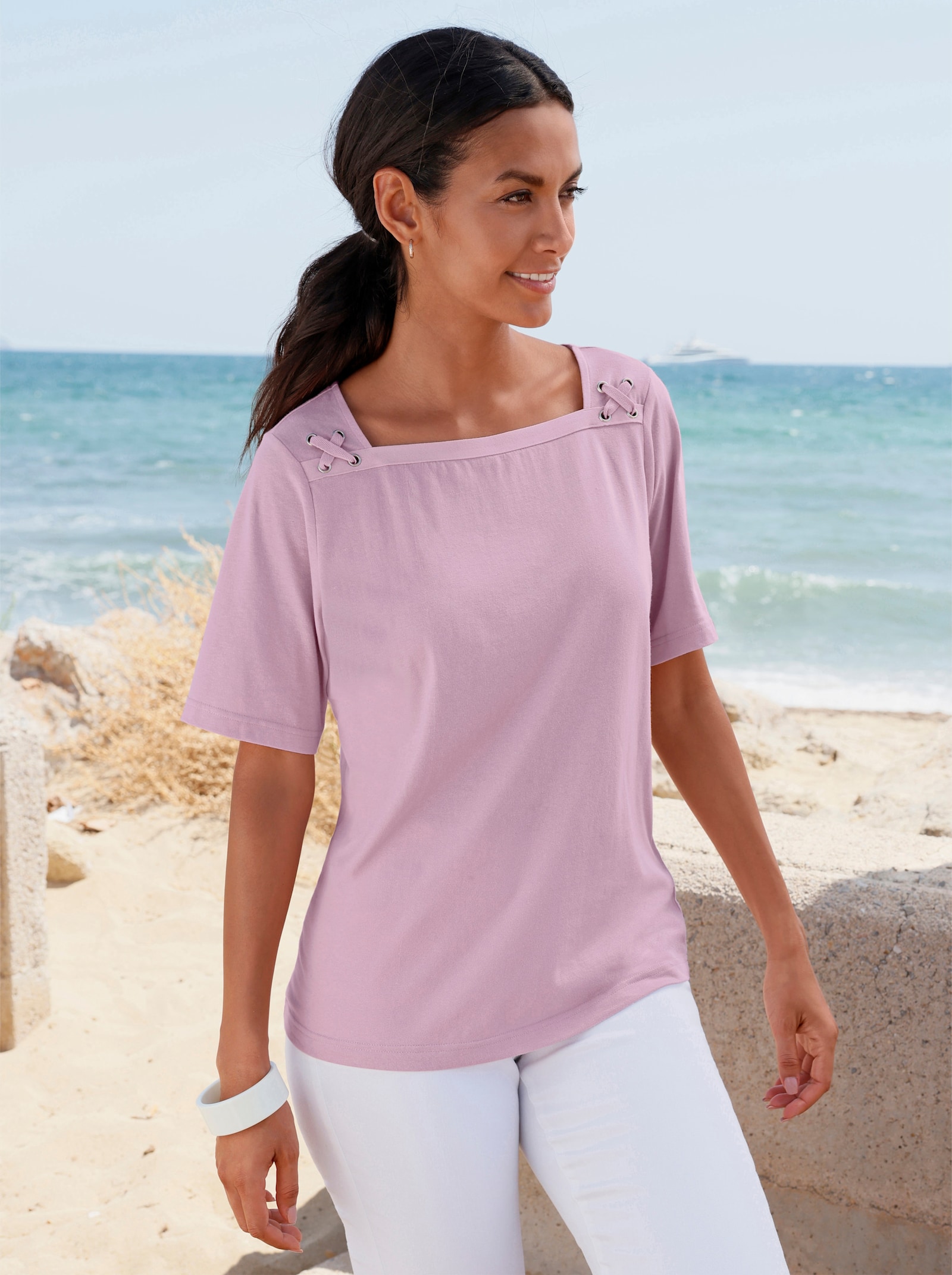 Shirt-Set mit dekorativem Ausschnitt - rosé + rosé-weiß-geringelt