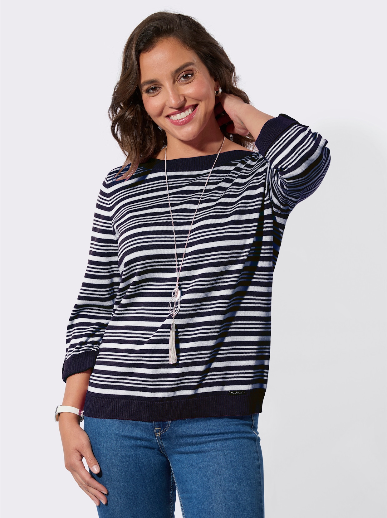 Baumwollpullover - marine-ecru-geringelt