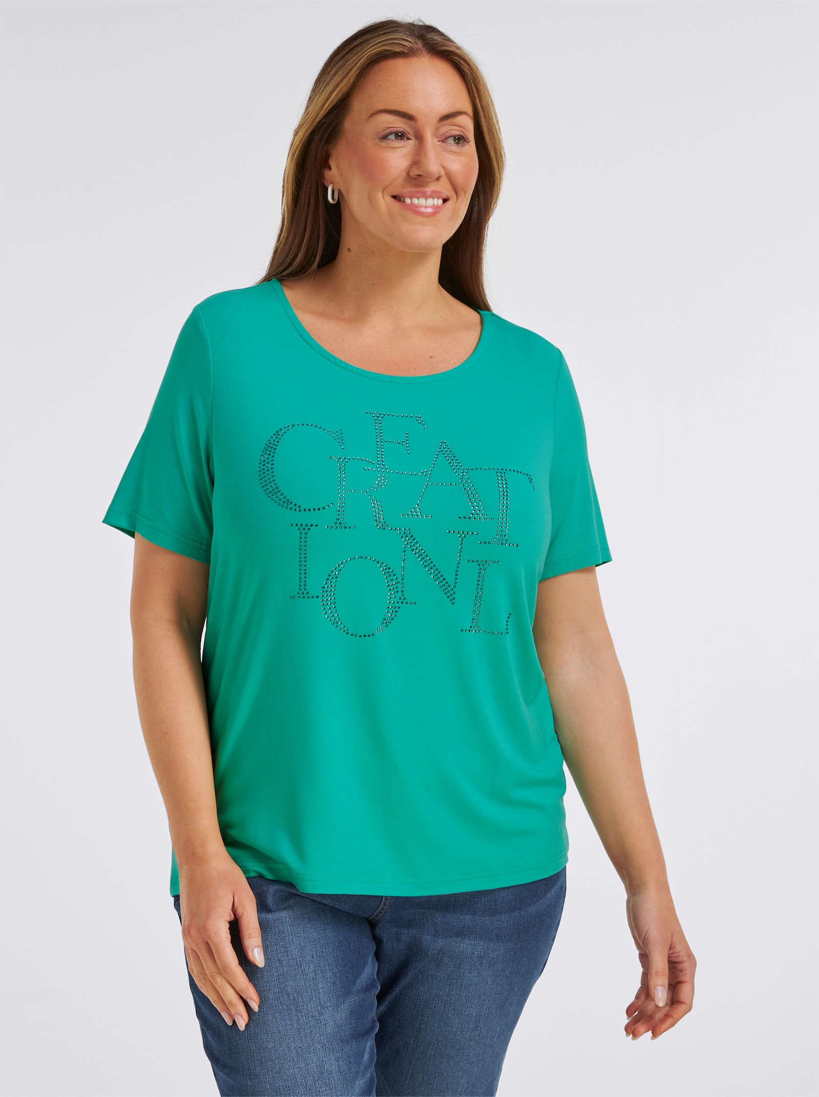 Kurzarmshirt mit Schriftzug aus Glitzersteinchen - blaugrün