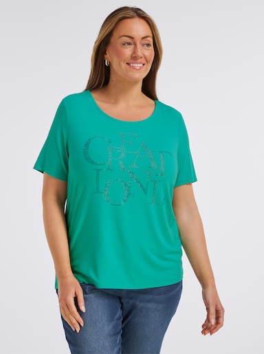 Kurzarmshirt mit Schriftzug aus Glitzersteinchen - blaugrün