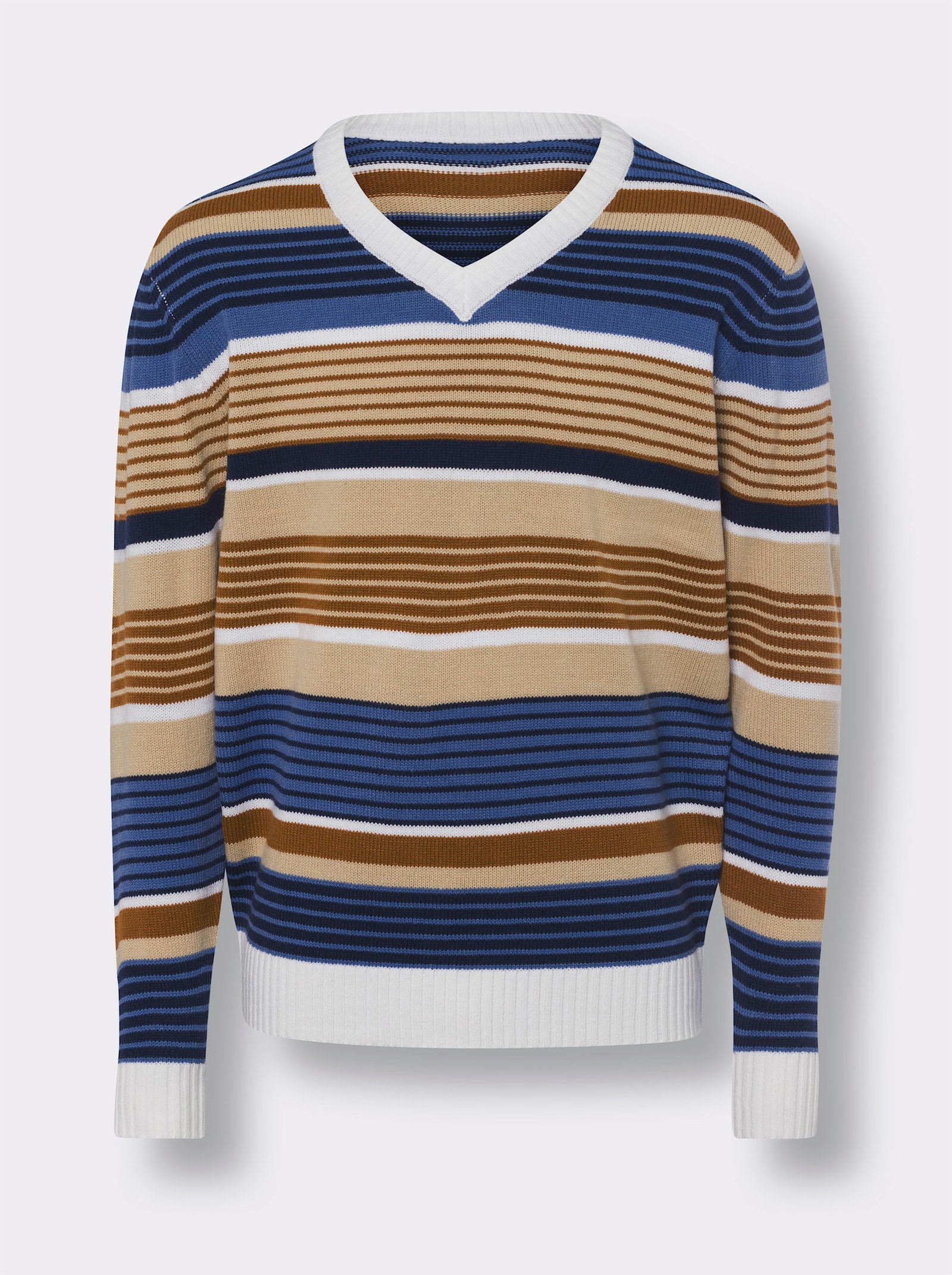 V-Ausschnitt-Pullover mit Ringel-Muster - beige-mittelblau-gemustert