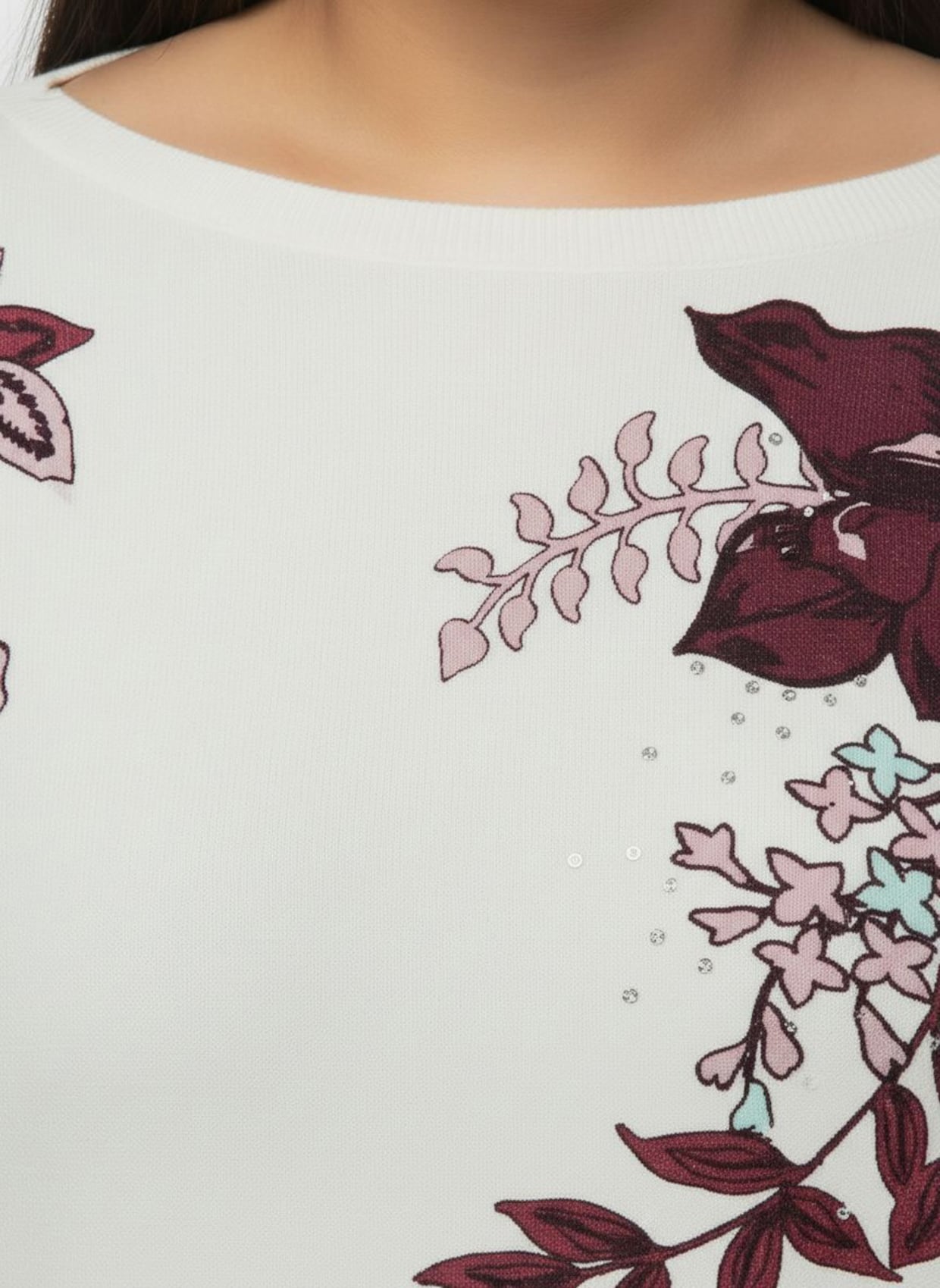 3/4 Arm-Pullover mit U-Boot-Ausschnitt - ecru-burgund-bedruckt