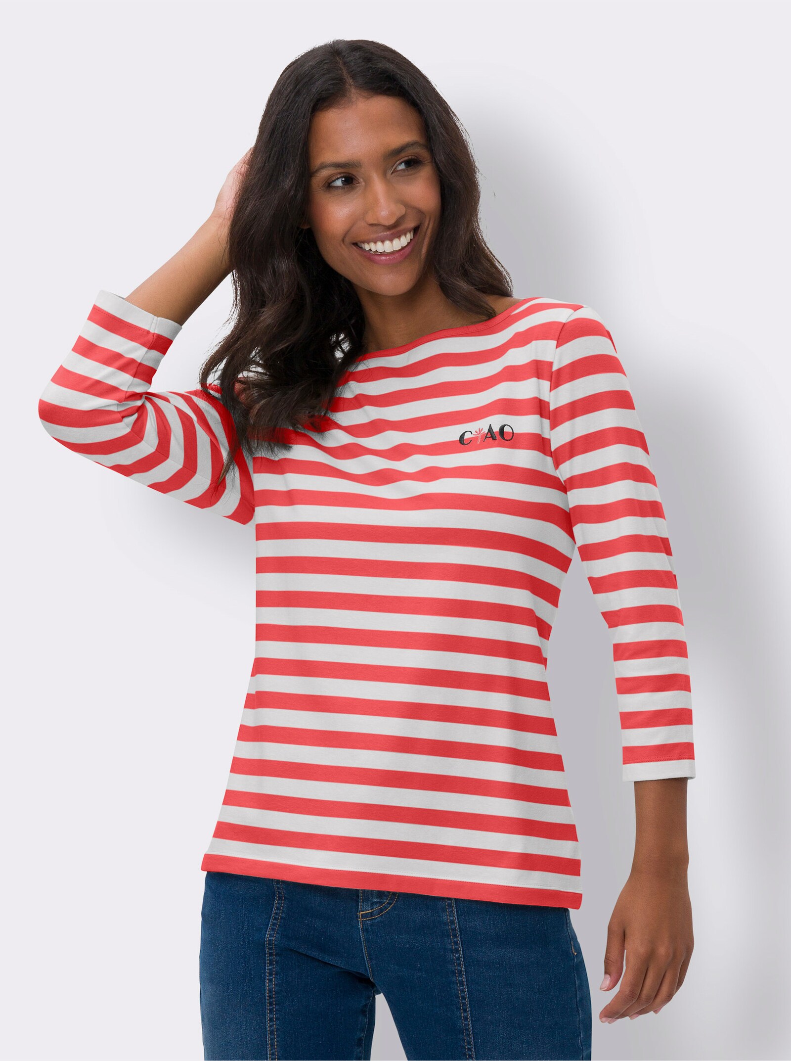 heine Streepjesshirt met boothals - langoustine/ecru gestreept