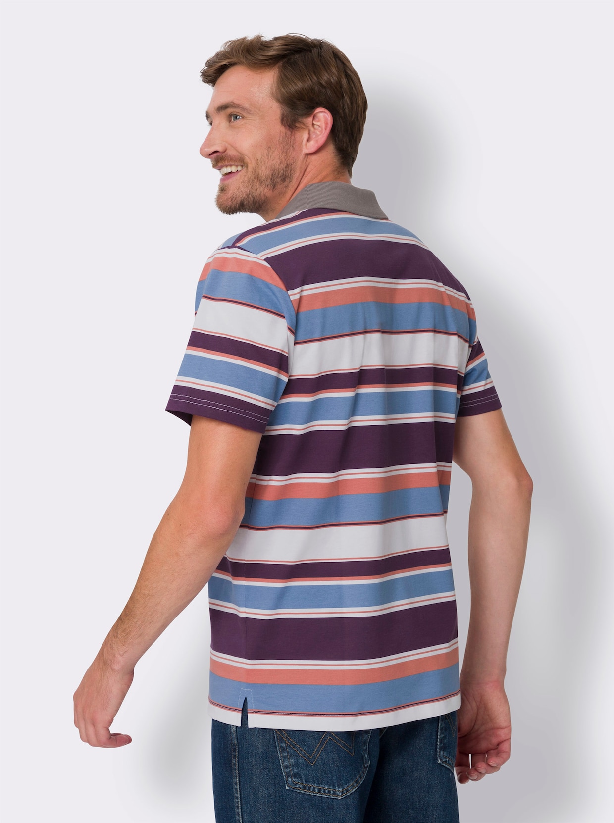 Kurzarm-Poloshirt - mittelblau-traube-geringelt