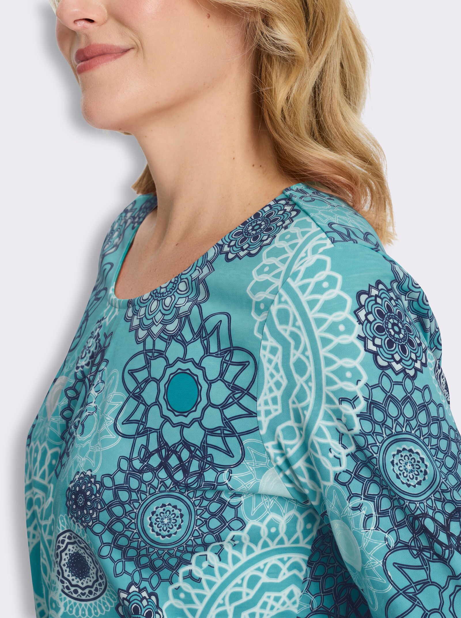 Longshirt mit Falten am Ausschnitt - aquamarin-royalblau-bedruckt