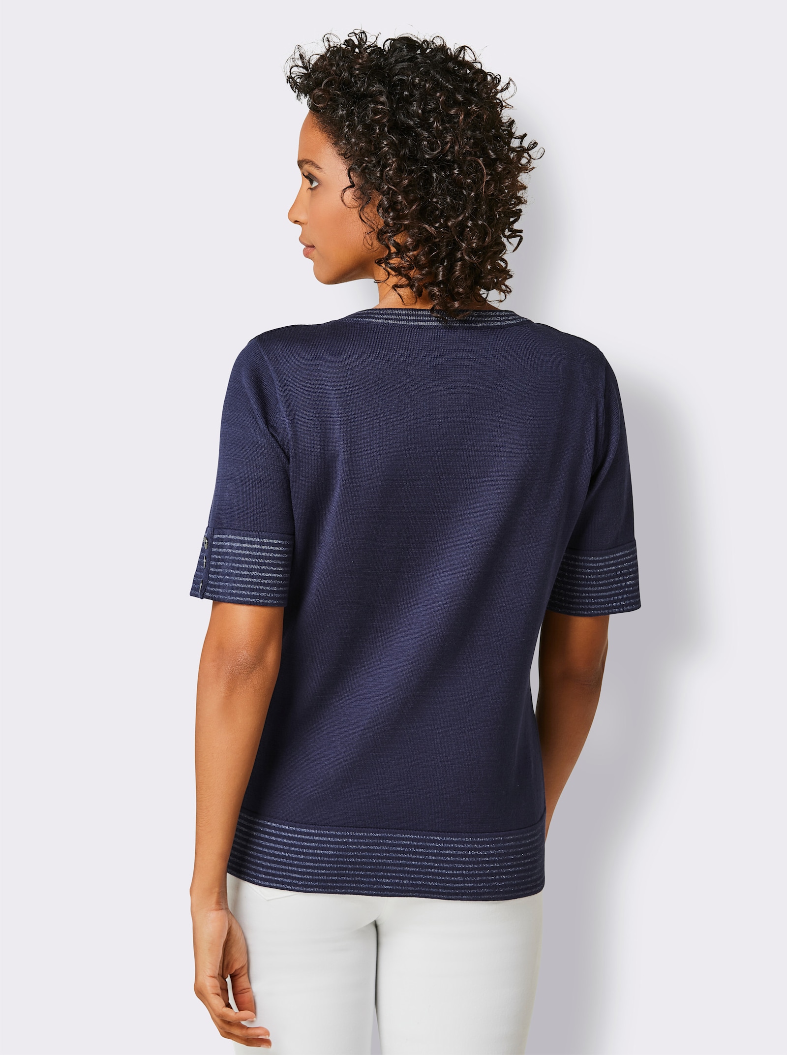CREATION L PREMIUM Kurzarmpullover mit Glanzgarn-Abschlüssen - marine