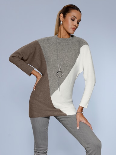 Fledermauspullover mit Glitzergarn-Partien - steingrau-ecru-gemustert