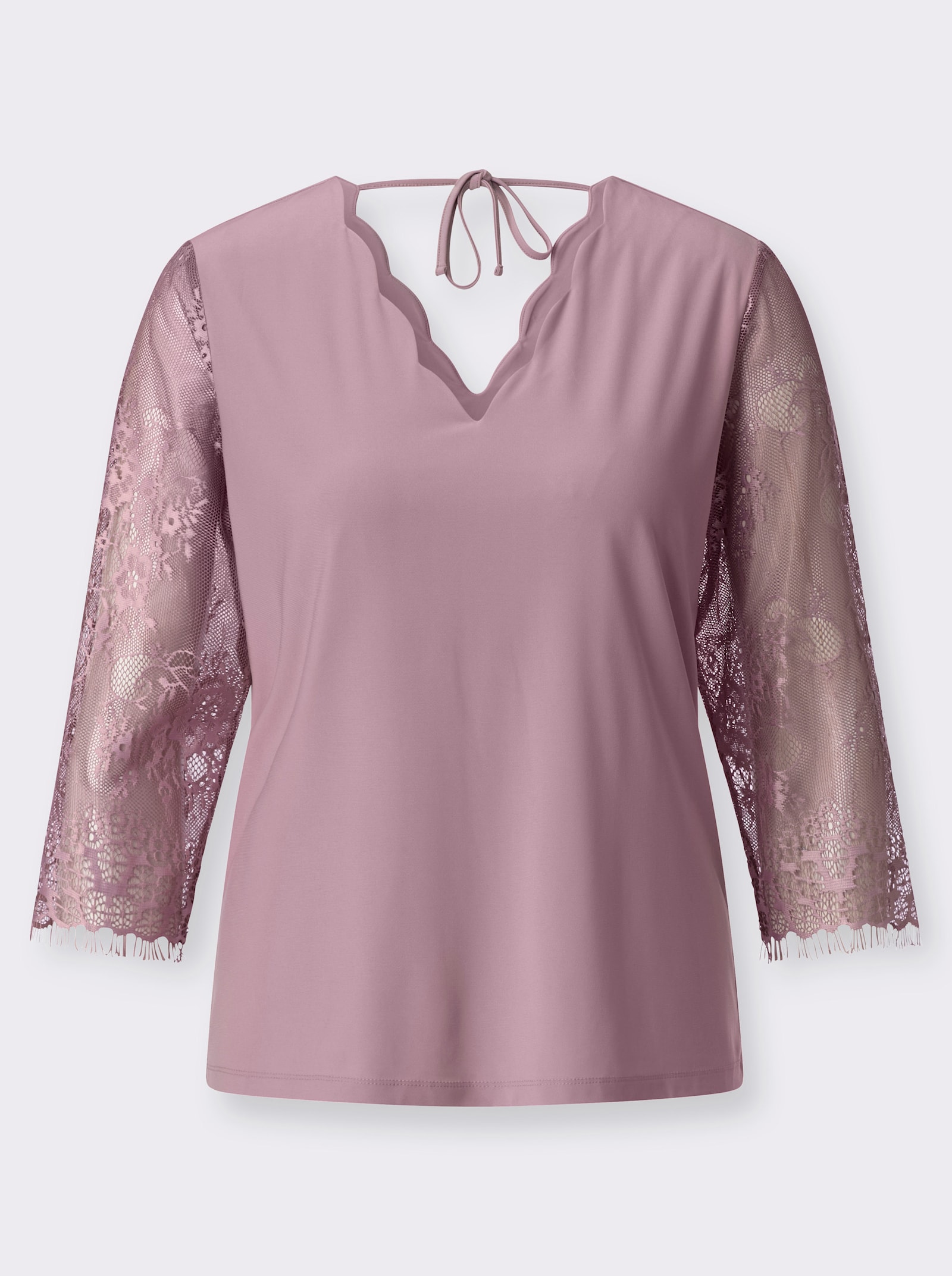 3/4-Arm-Shirt mit gebogtem V-Ausschnitt - mauve