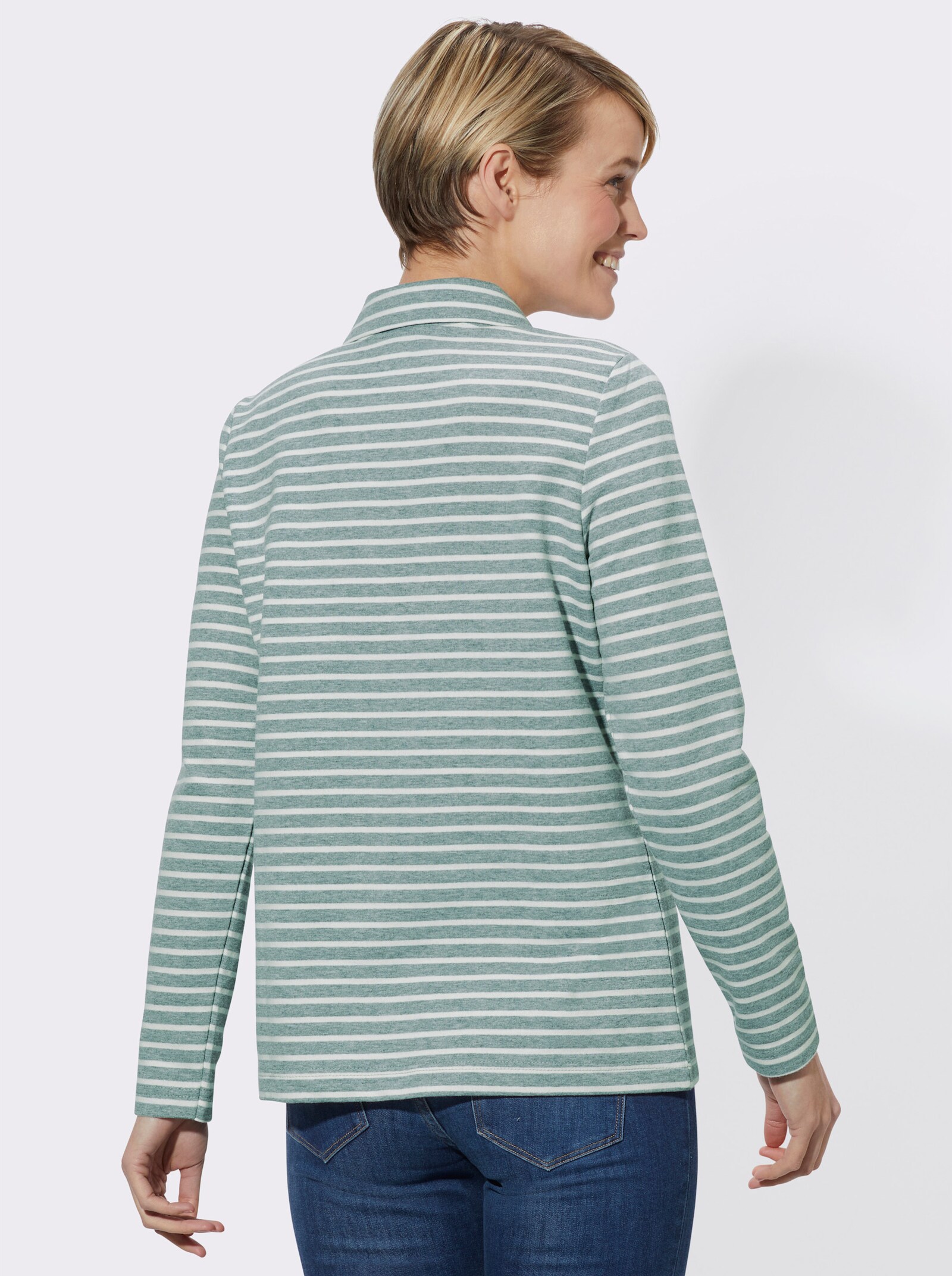 Langarmshirt mit Troyerkragen und Reißverschluss - jade-gestreift