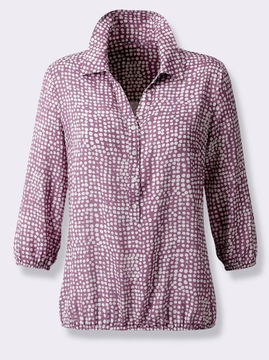 Schlupf-Bluse mit schimmernden Knöpfen - violett-weiß-bedruckt