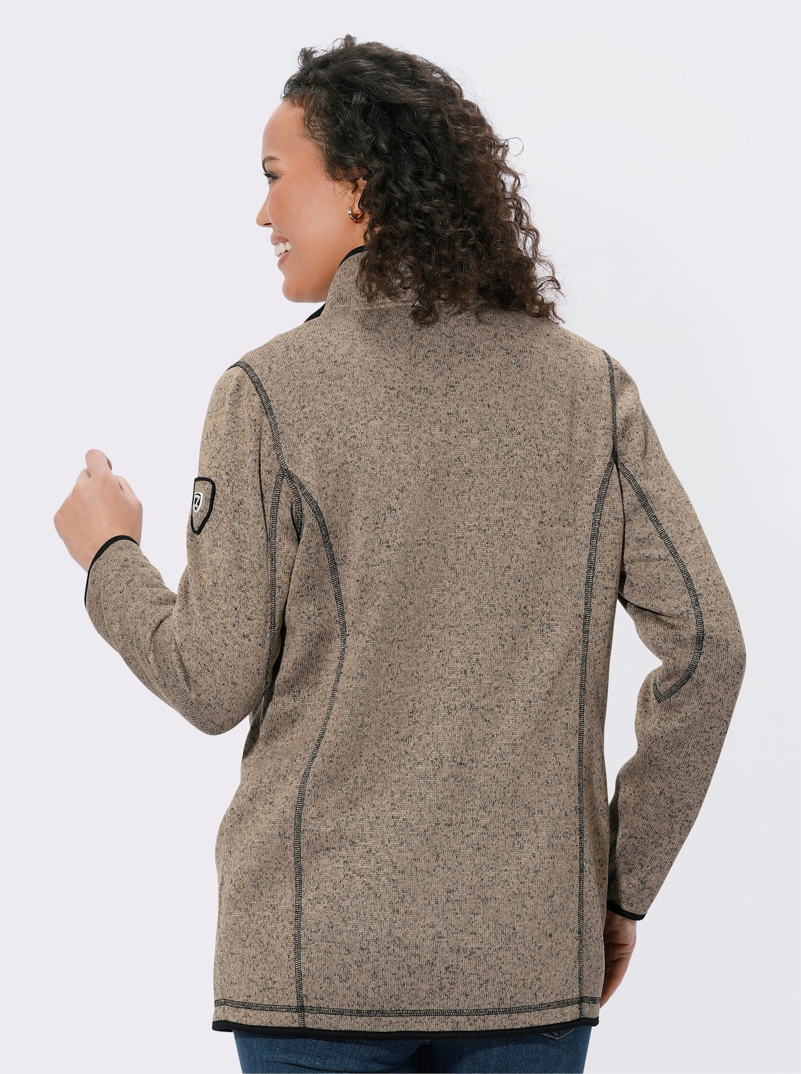 Gebreid fleecejack in lang model - sesam/zwart gedessineerd