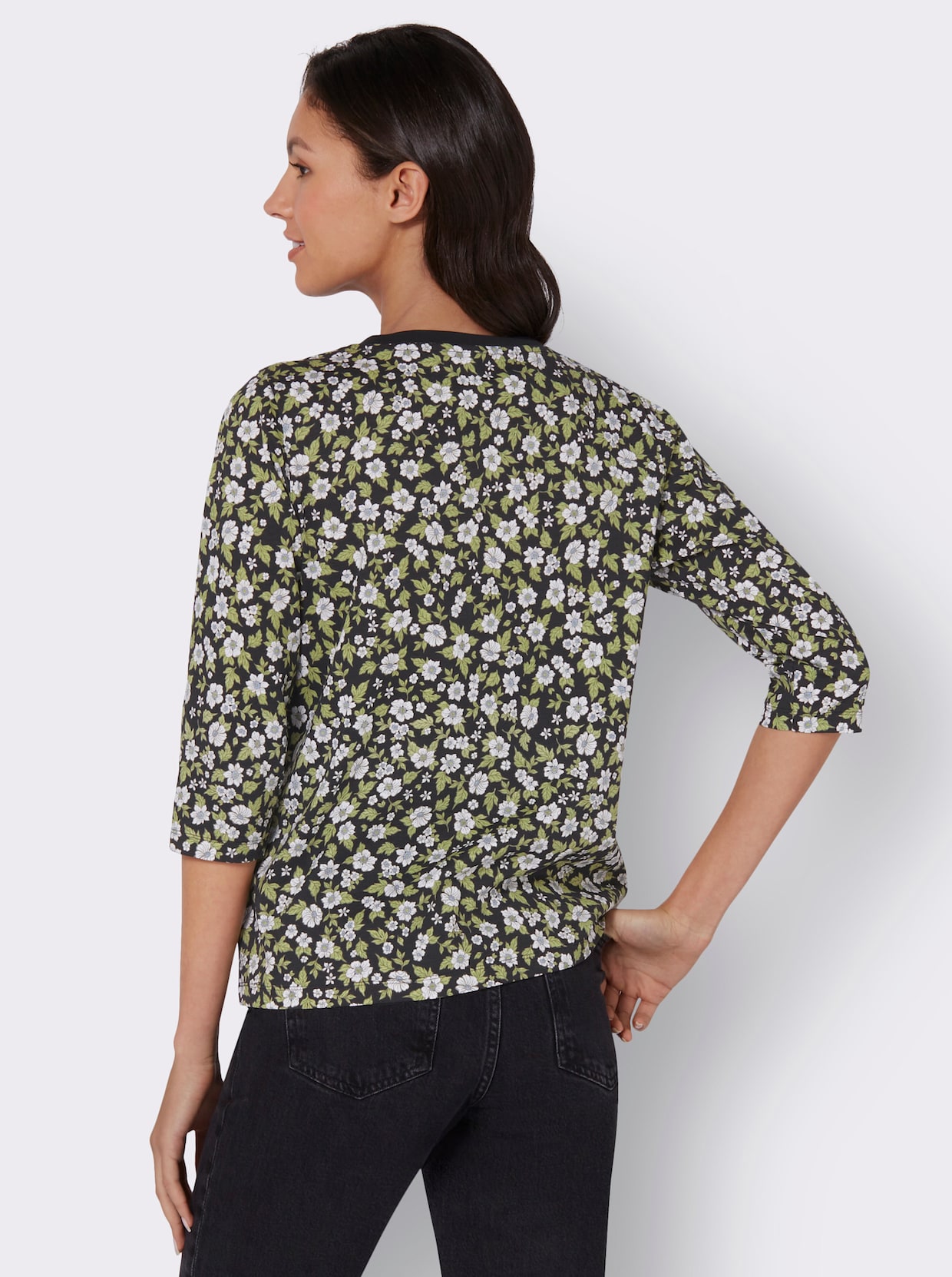 Shirt met ronde hals - zwart/kaki geprint