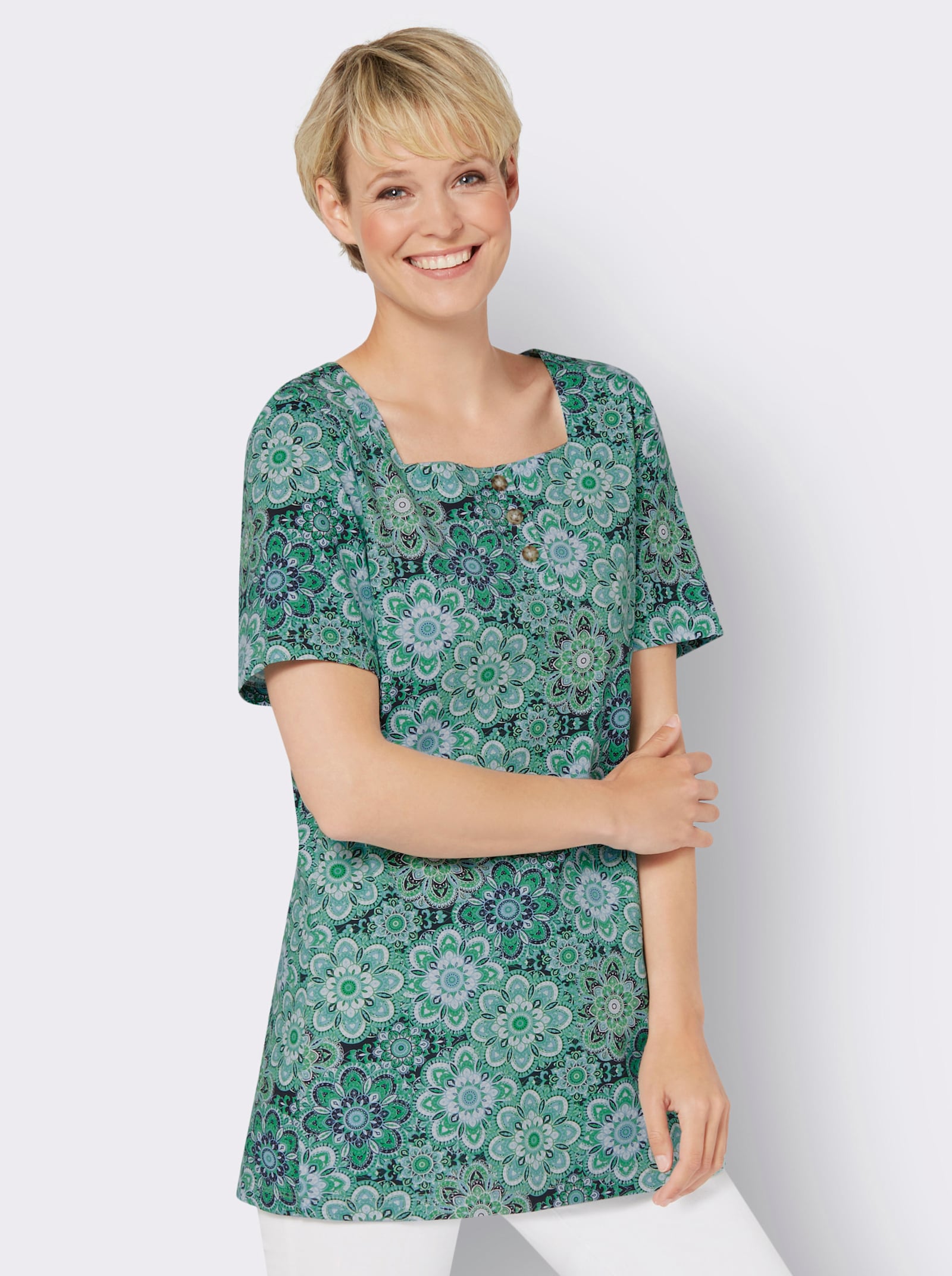 Lang shirt met vierkante hals - aqua/grasgroen bedrukt